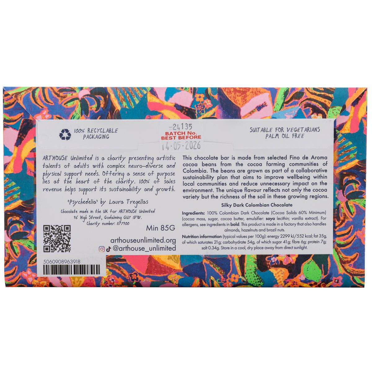 Colorful chocolate bar packaging with text and a QR code on a white background