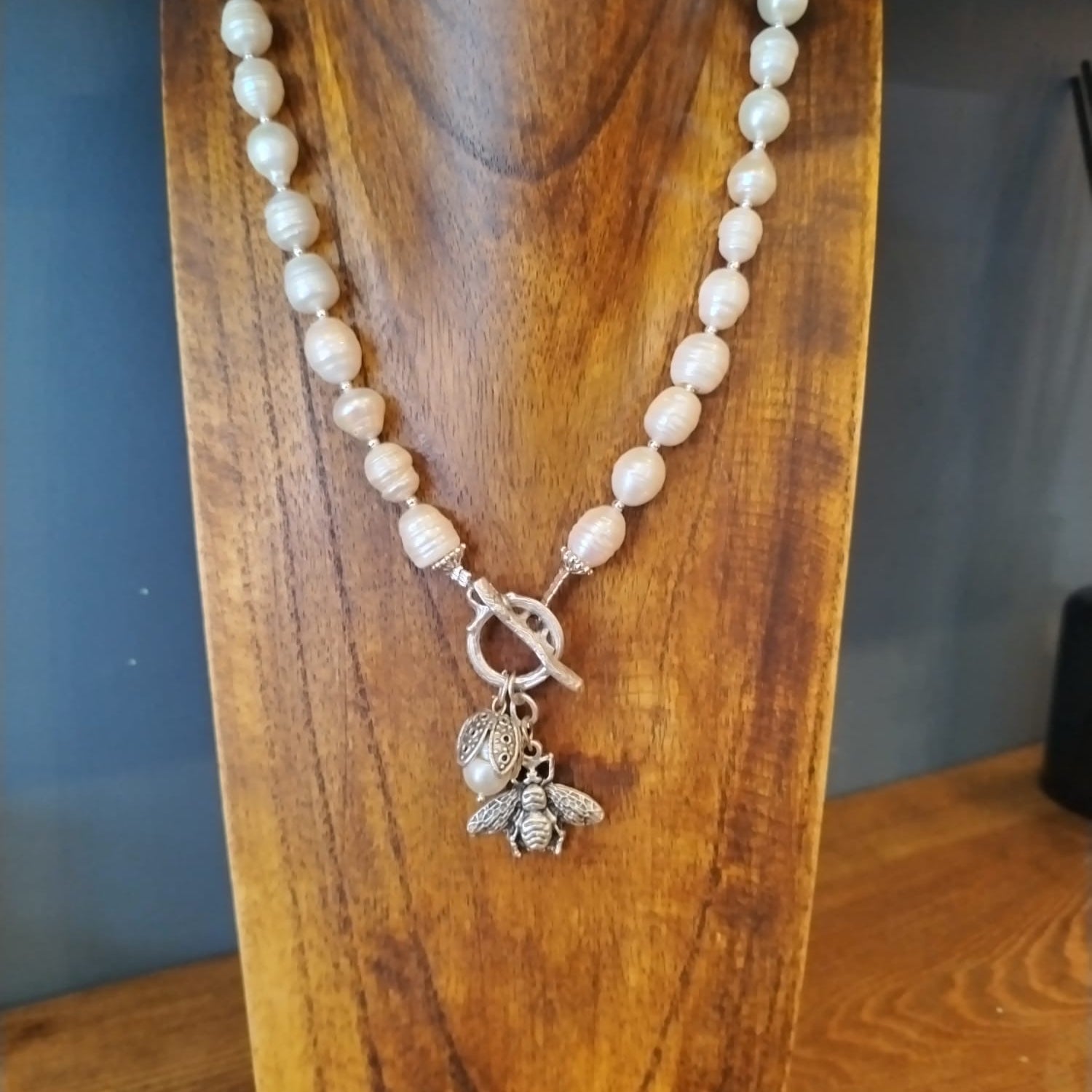 Freshwater Pearl Necklace With Silver Bee Charm