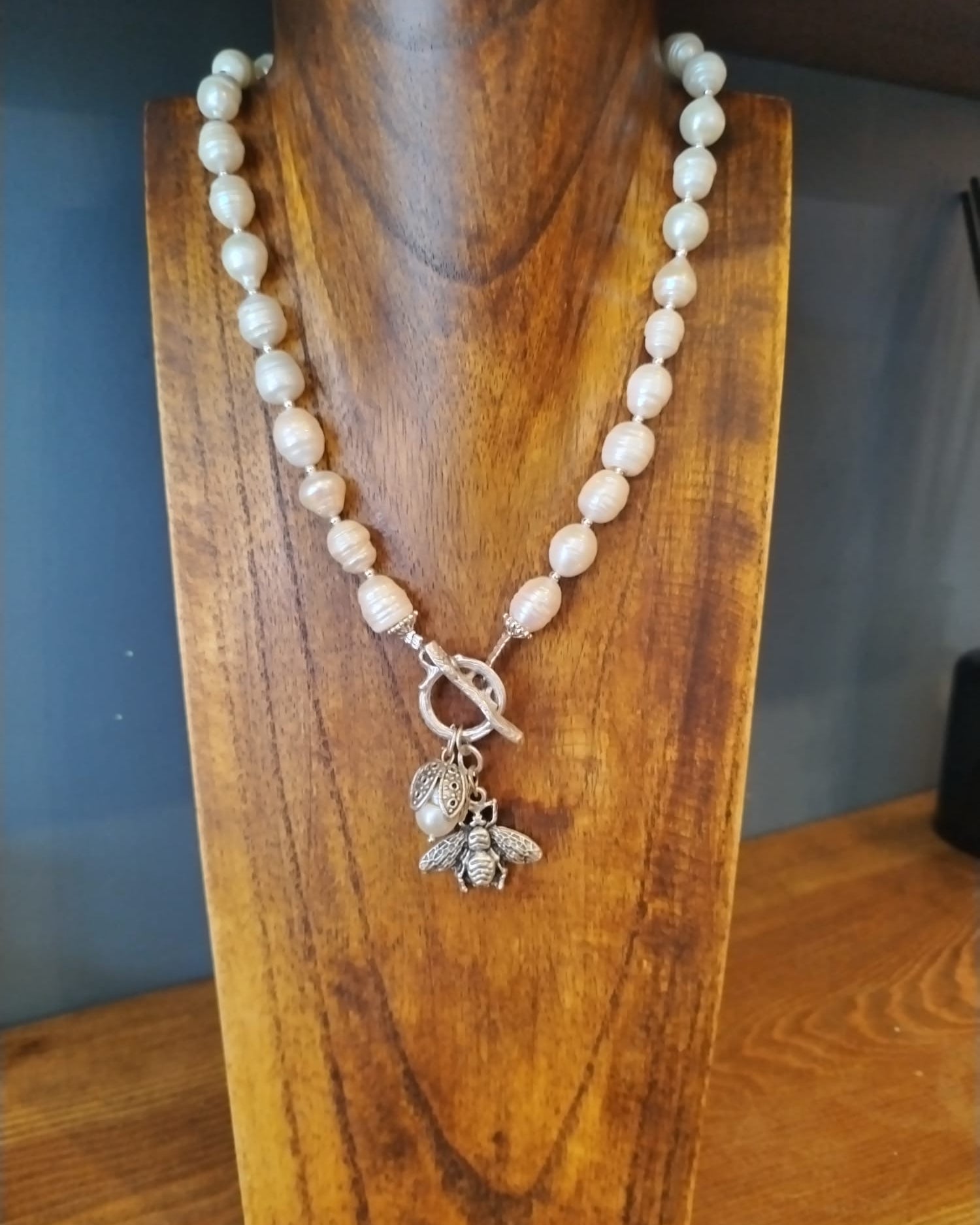 Freshwater Pearl Necklace With Silver Bee Charm
