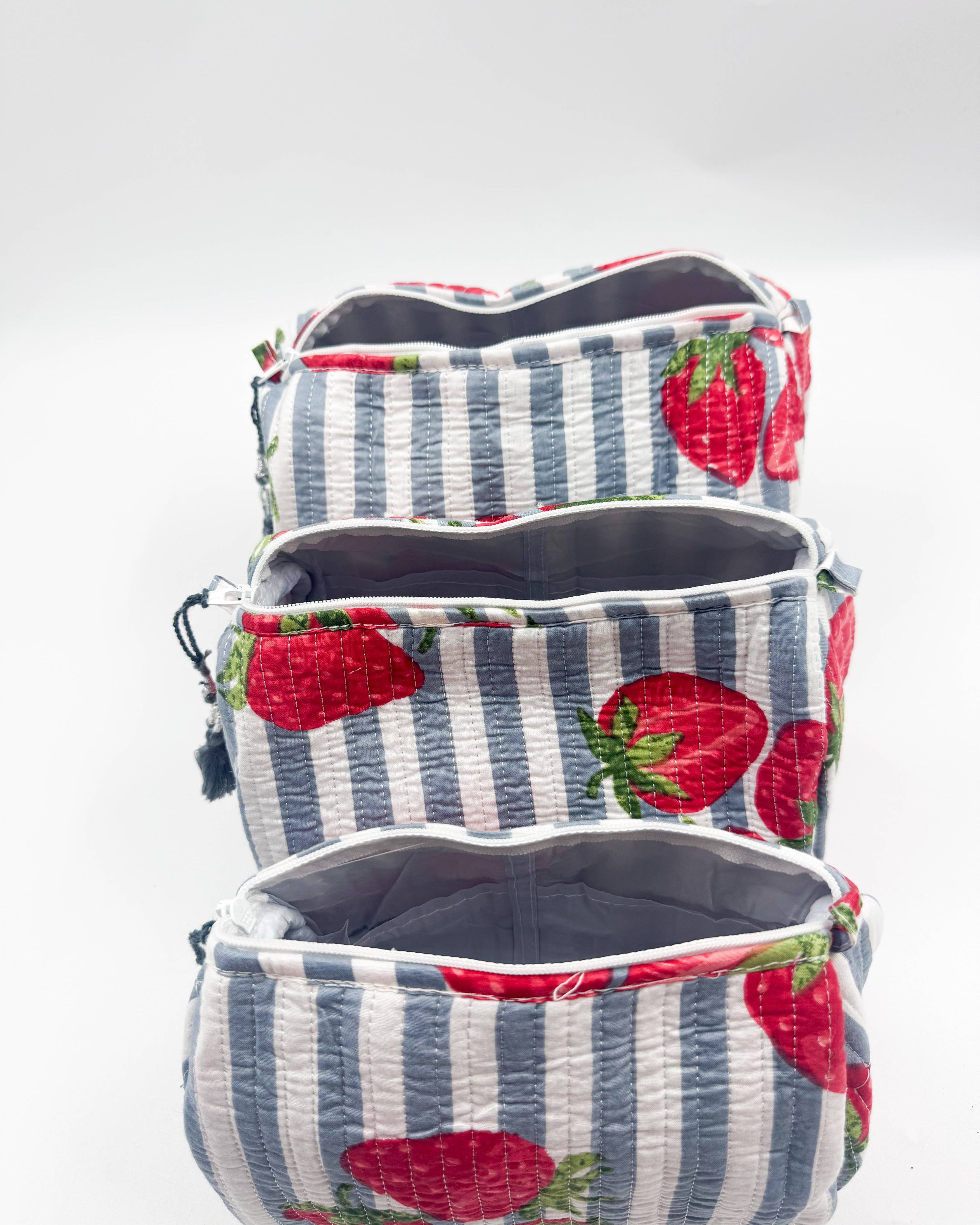 Set of Three Quilted Wash Bags with Blue Stripe Strawberry Print