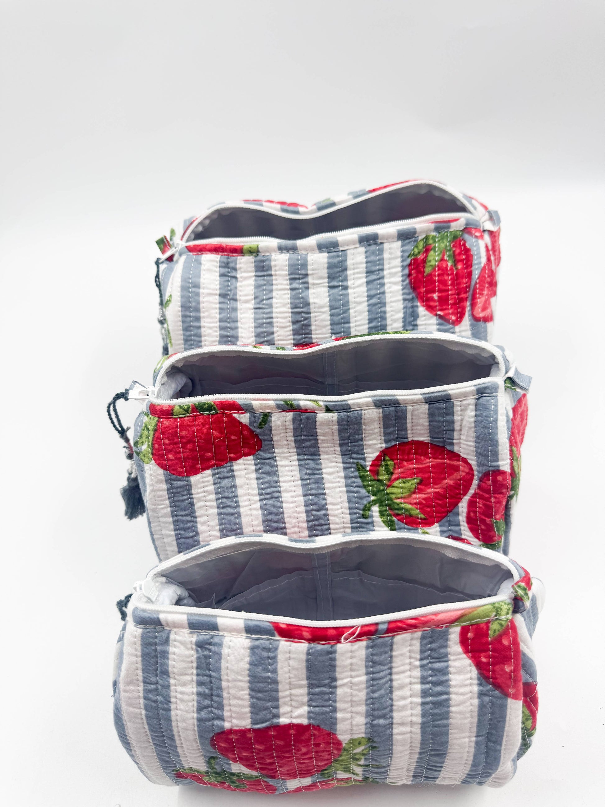 Set of Three Quilted Wash Bags with Blue Stripe Strawberry Print