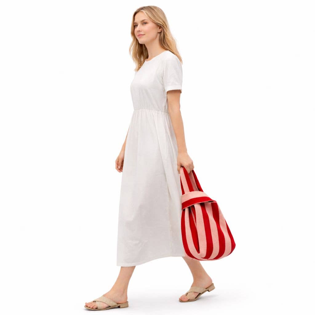 Red and Pink Striped Knitted Tote Bag Medium