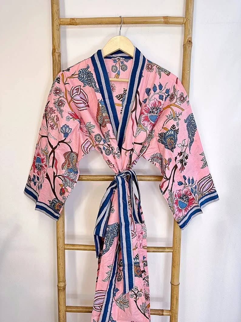 Cotton Kimono Robe Pink &  Blue Paradise Stripe UK 10 18