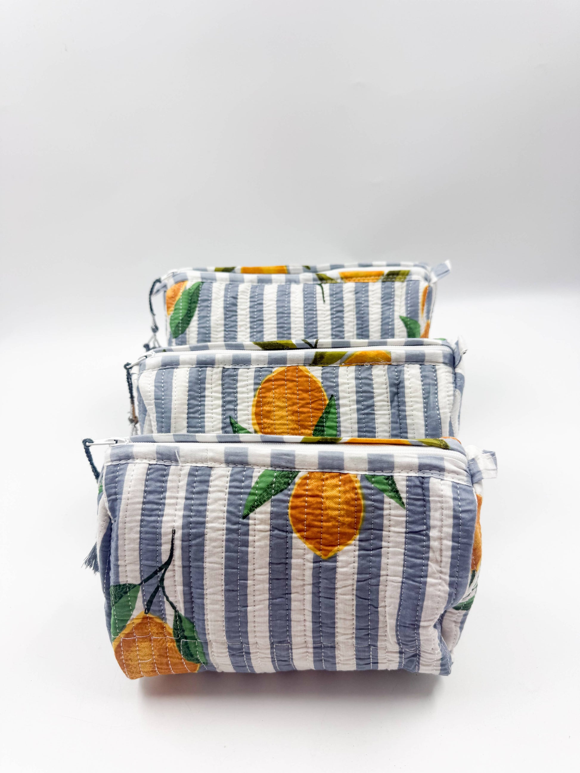 Set of Three Quilted Wash Bags with grey & white stripe with Lemon Print