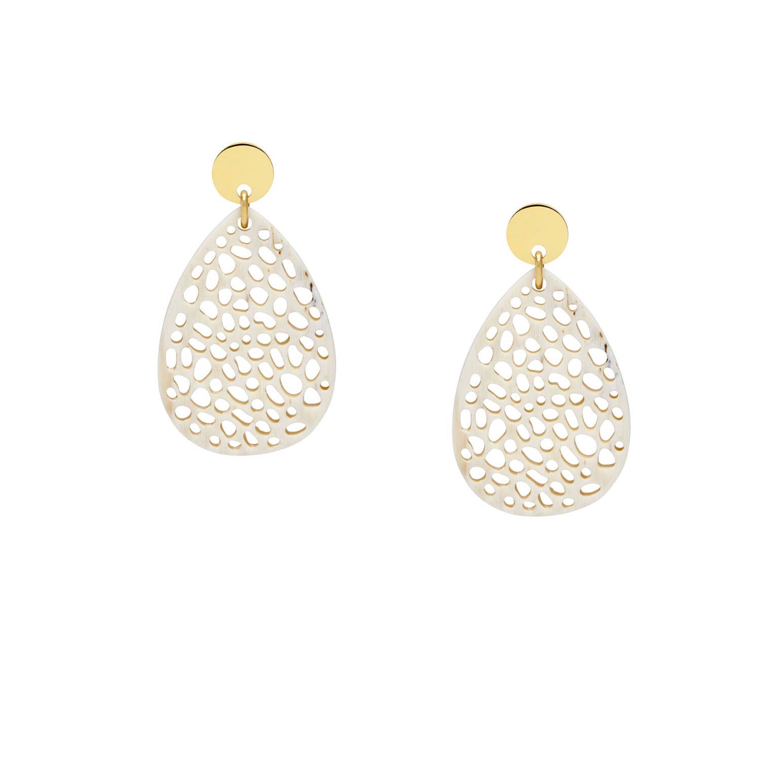 Gold teardrop earrings with intricate designs on a white background