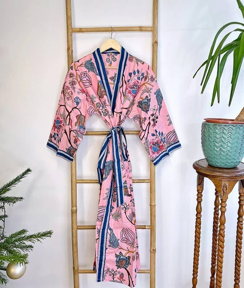 Cotton Kimono Robe Pink &  Blue Paradise Stripe UK 10 18