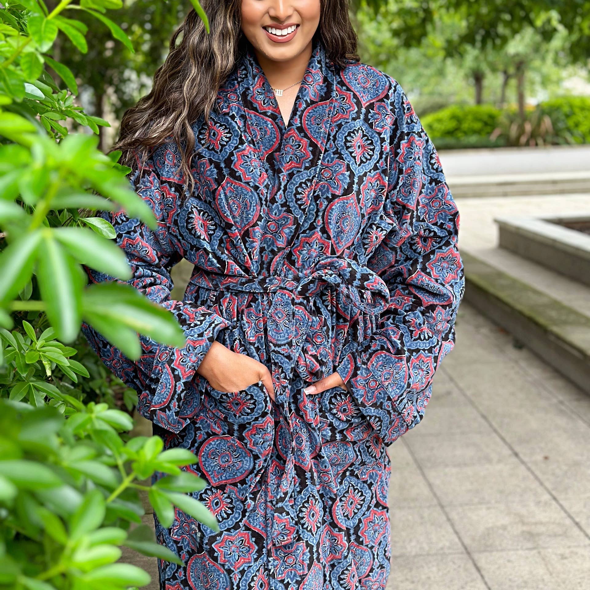 Luxury Velvet Robe - Black Blue Red Ajrakh Love Gift