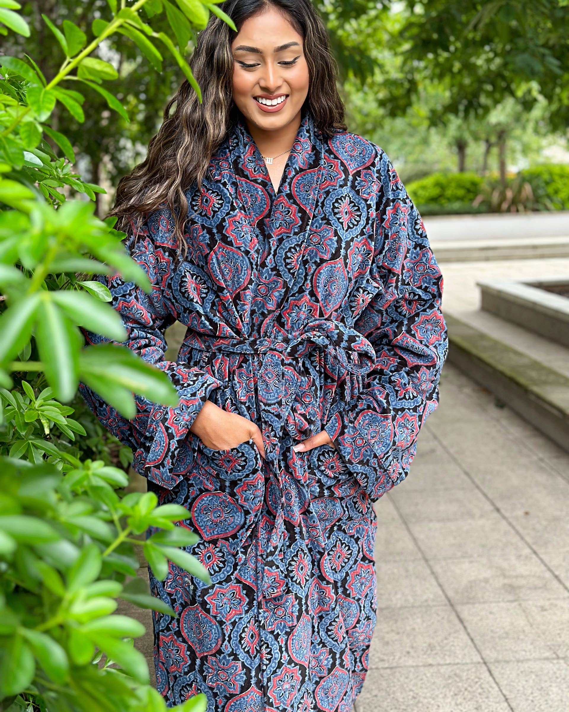 Luxury Velvet Robe - Black Blue Red Ajrakh Love Gift