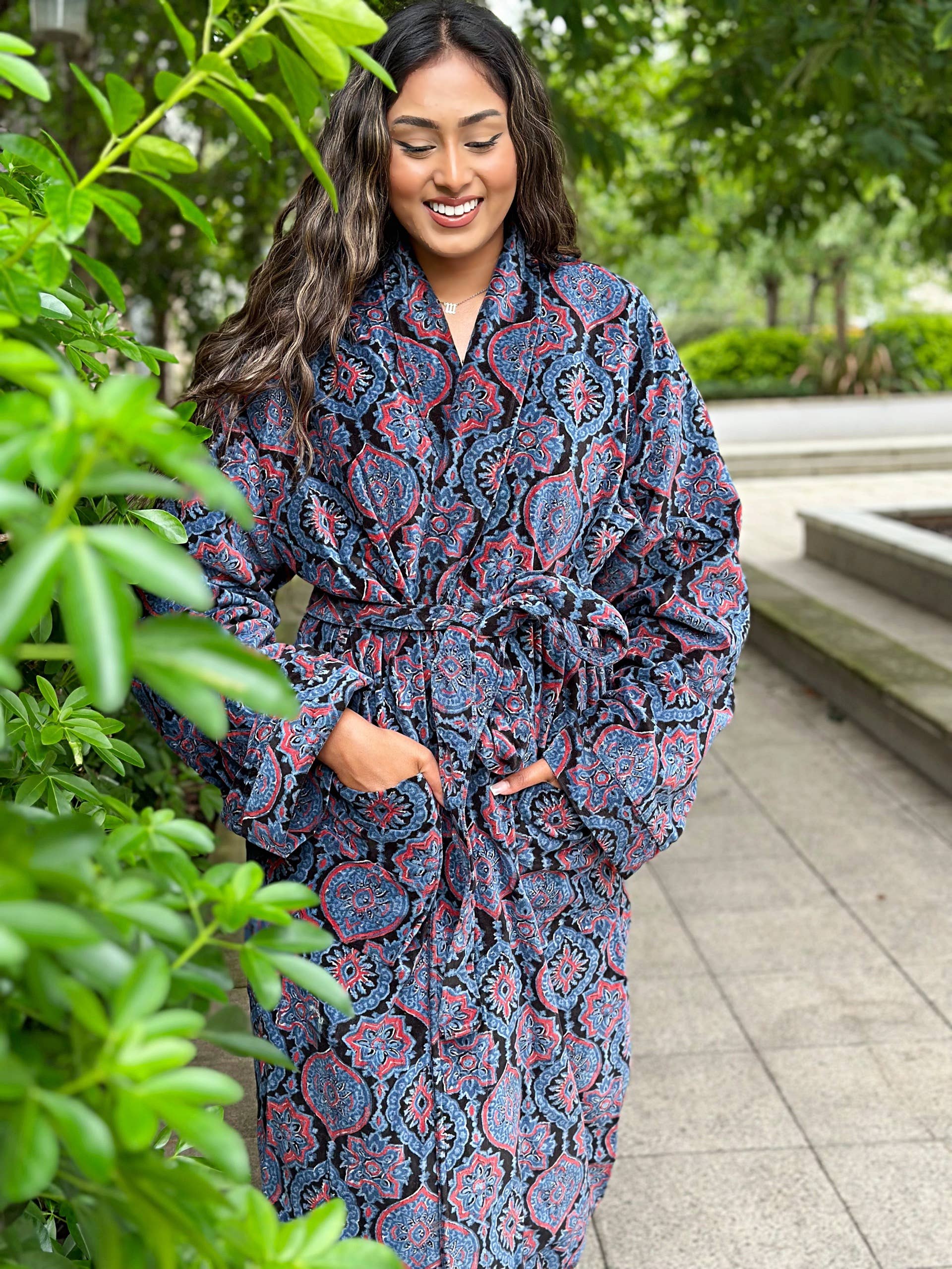Luxury Velvet Robe - Black Blue Red Ajrakh Love Gift