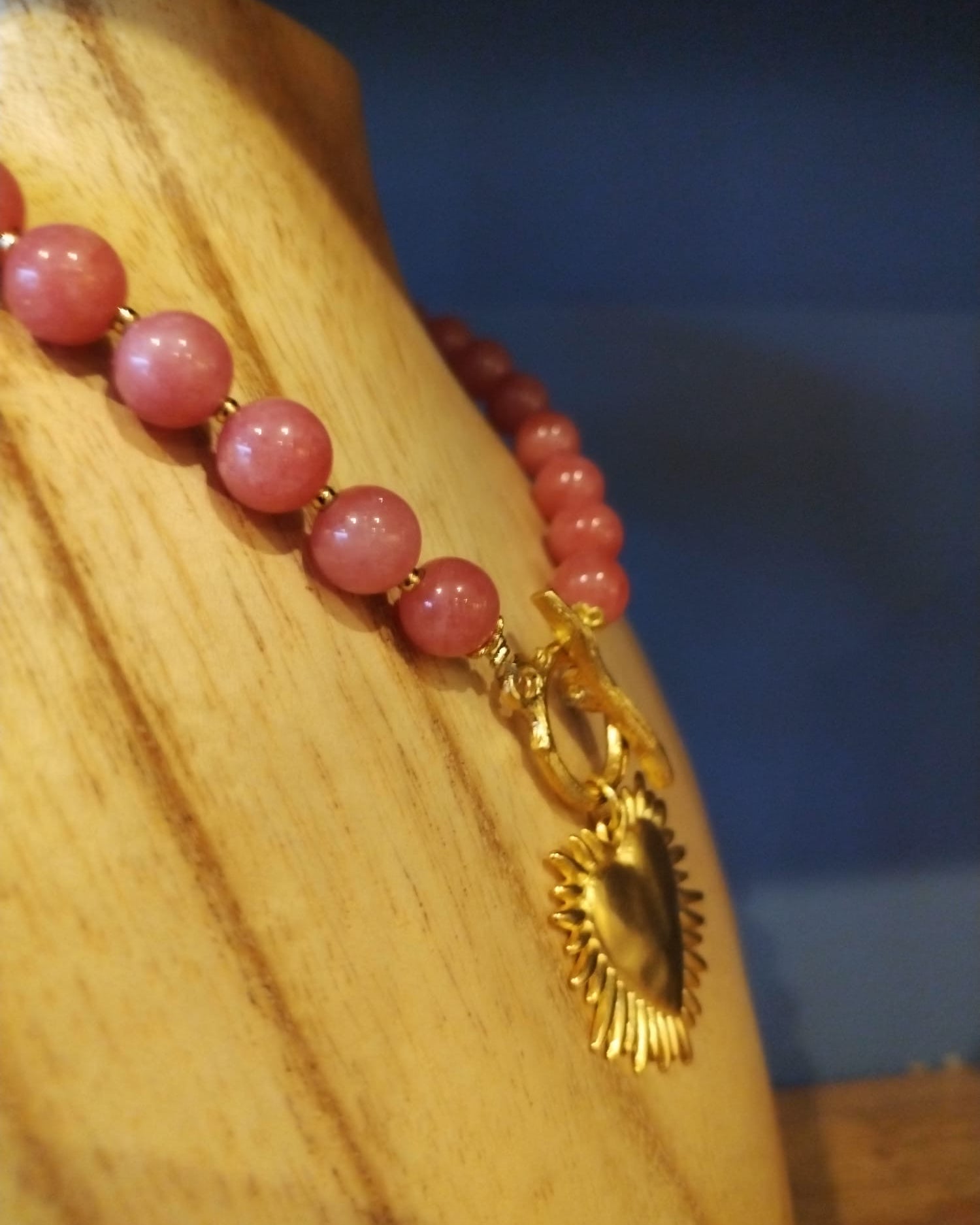 Large Bead Sponge Coral Necklace with Gold Flaming Heart