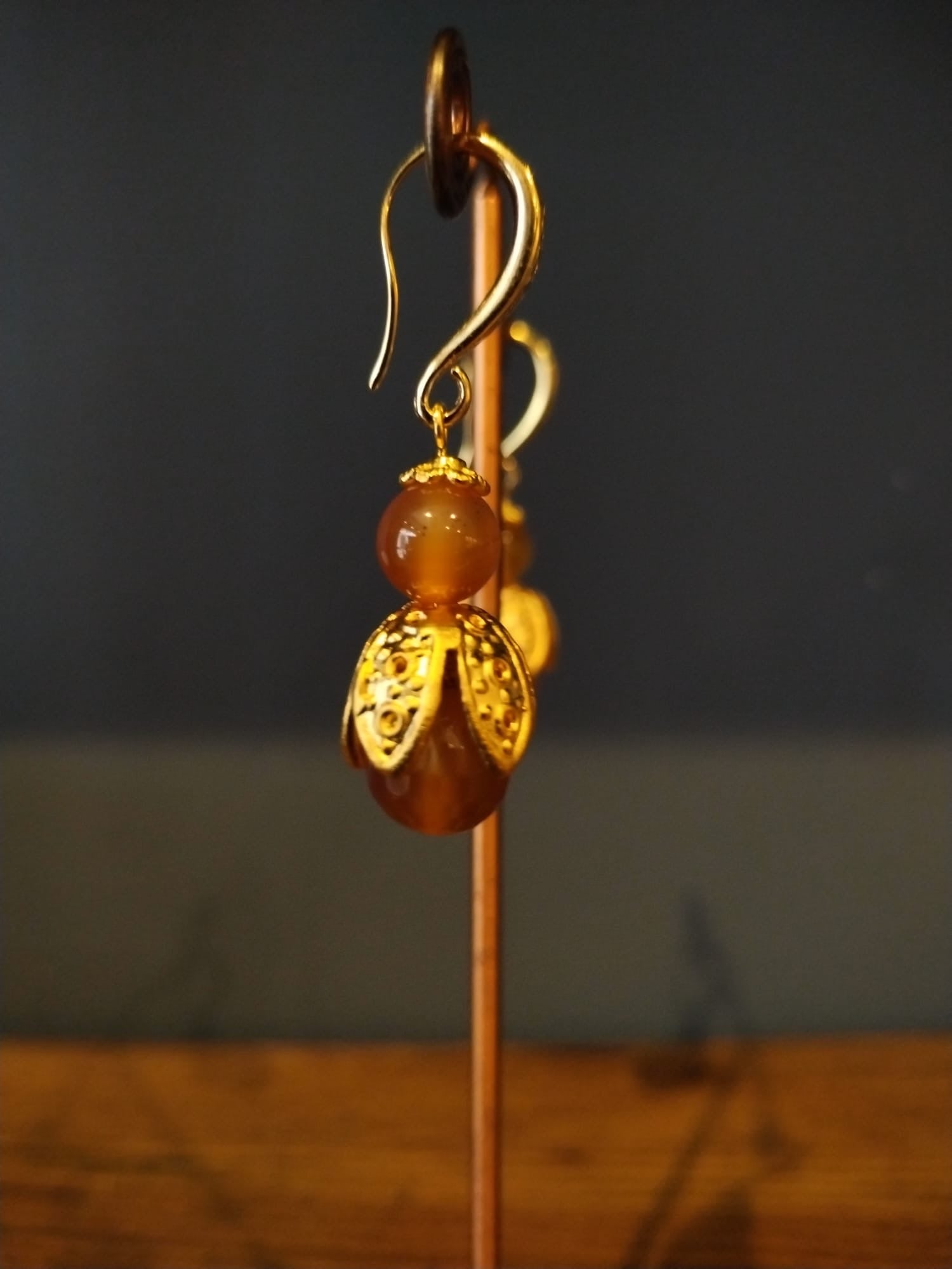 Orange Carnelian & Gold Bud Earrings