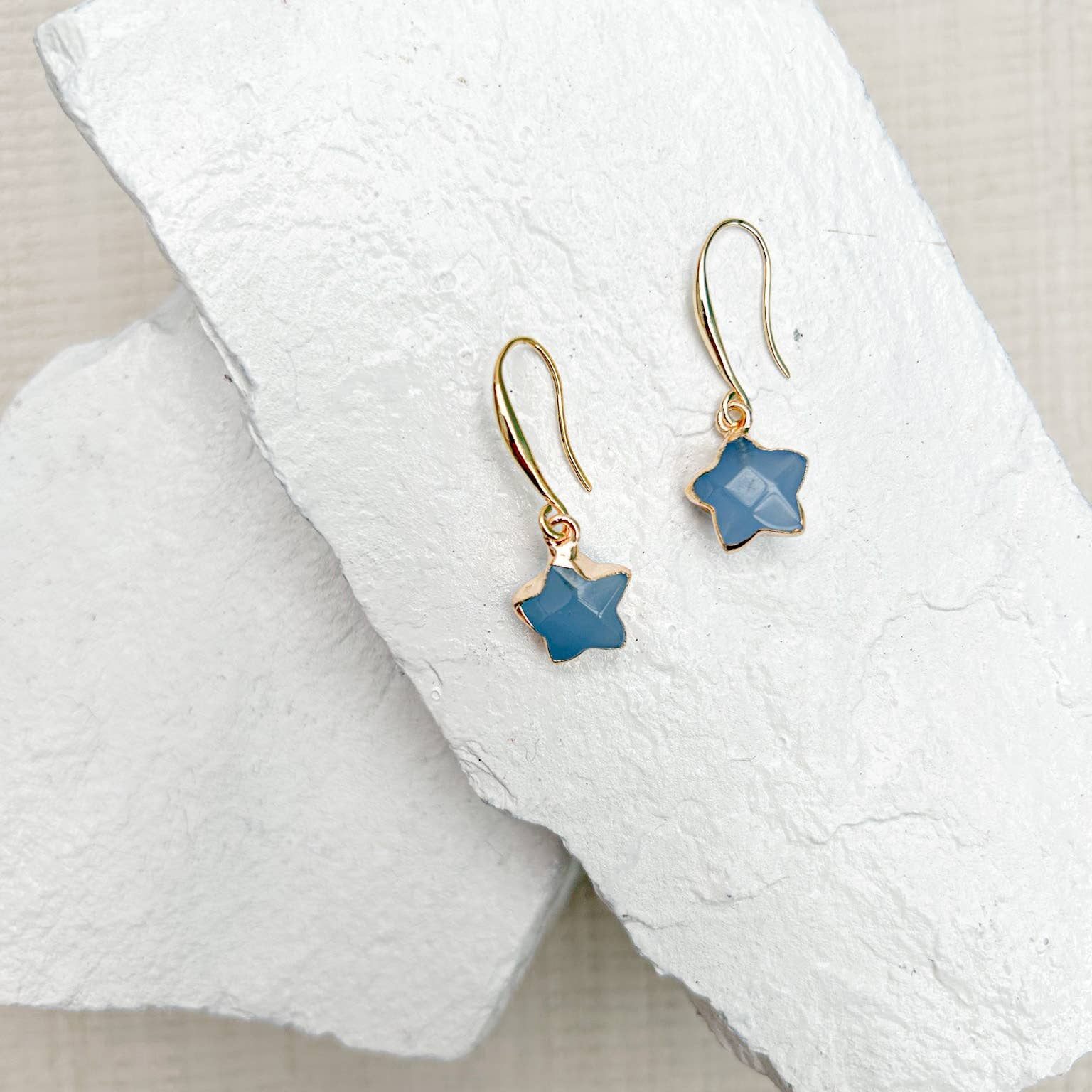 Blue-Grey Agate Star Gold-Plated Earrings