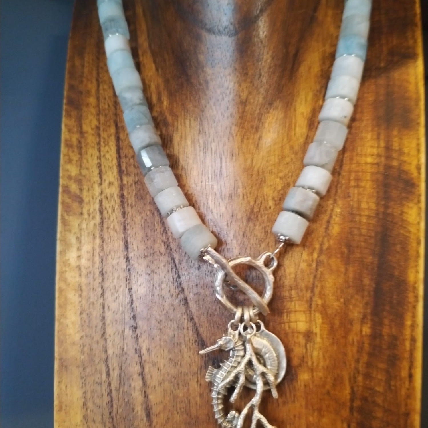 Aquamarine Rondelle Bead Necklace With Silver Coral And Seahorse Charms
