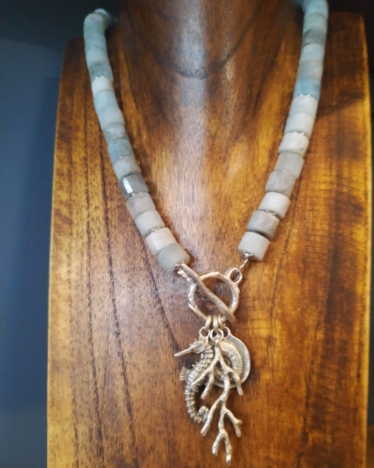 Aquamarine Rondelle Bead Necklace With Silver Coral And Seahorse Charms