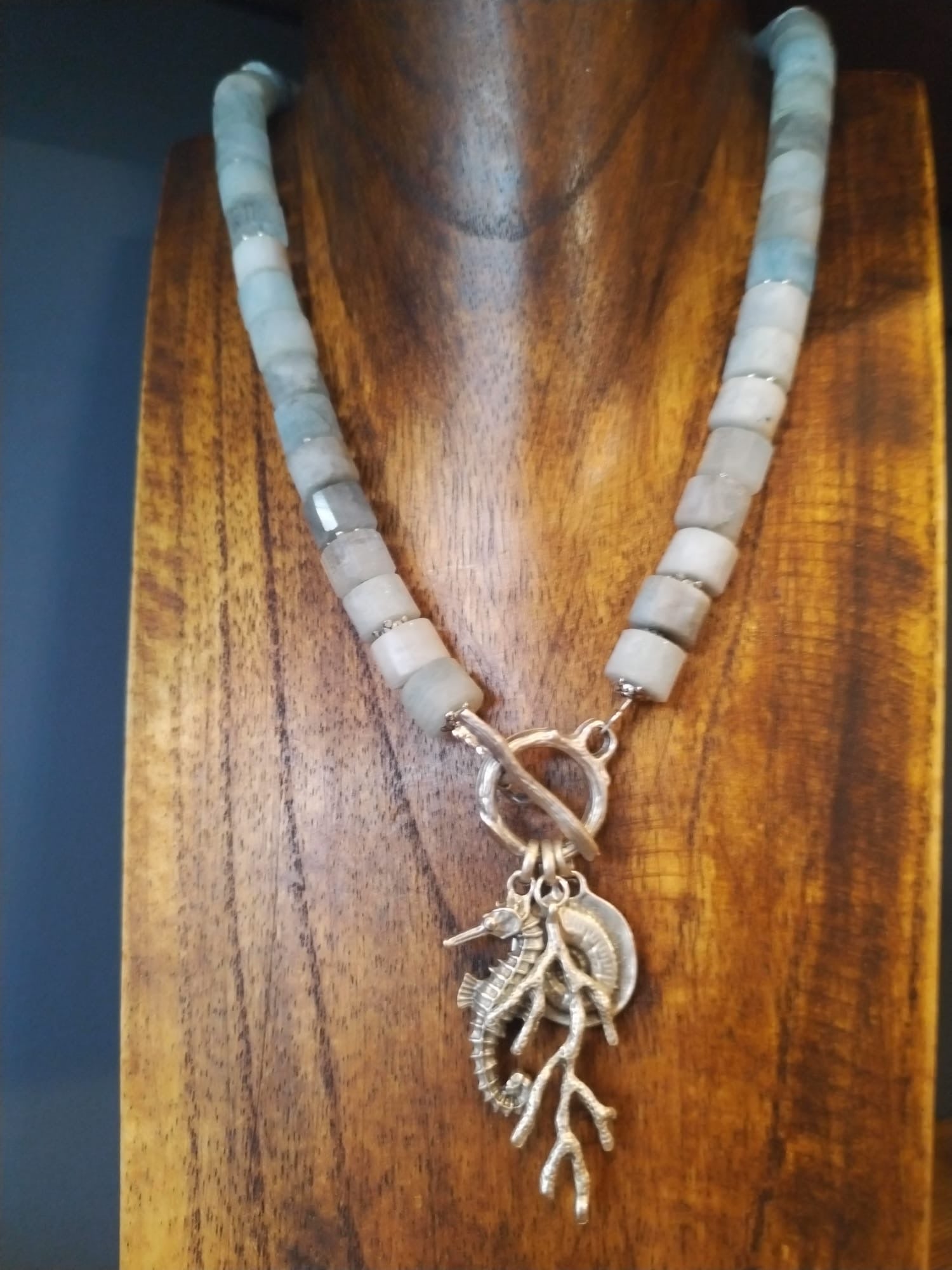 Aquamarine Rondelle Bead Necklace With Silver Coral And Seahorse Charms