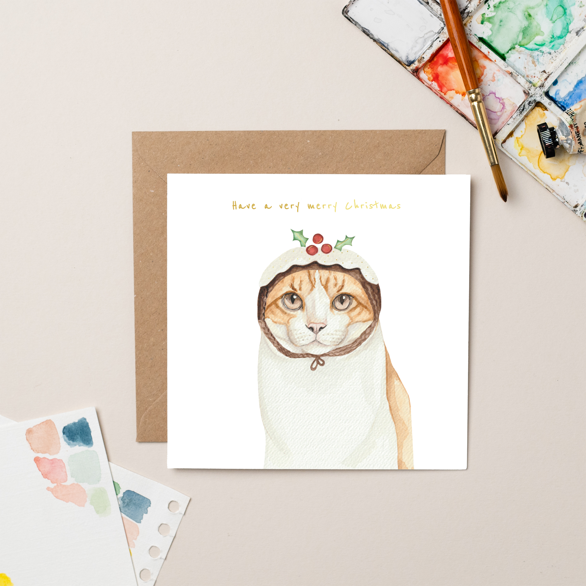 Ginger Cat Christmas Card with Pudding Hat by Lil Wabbit