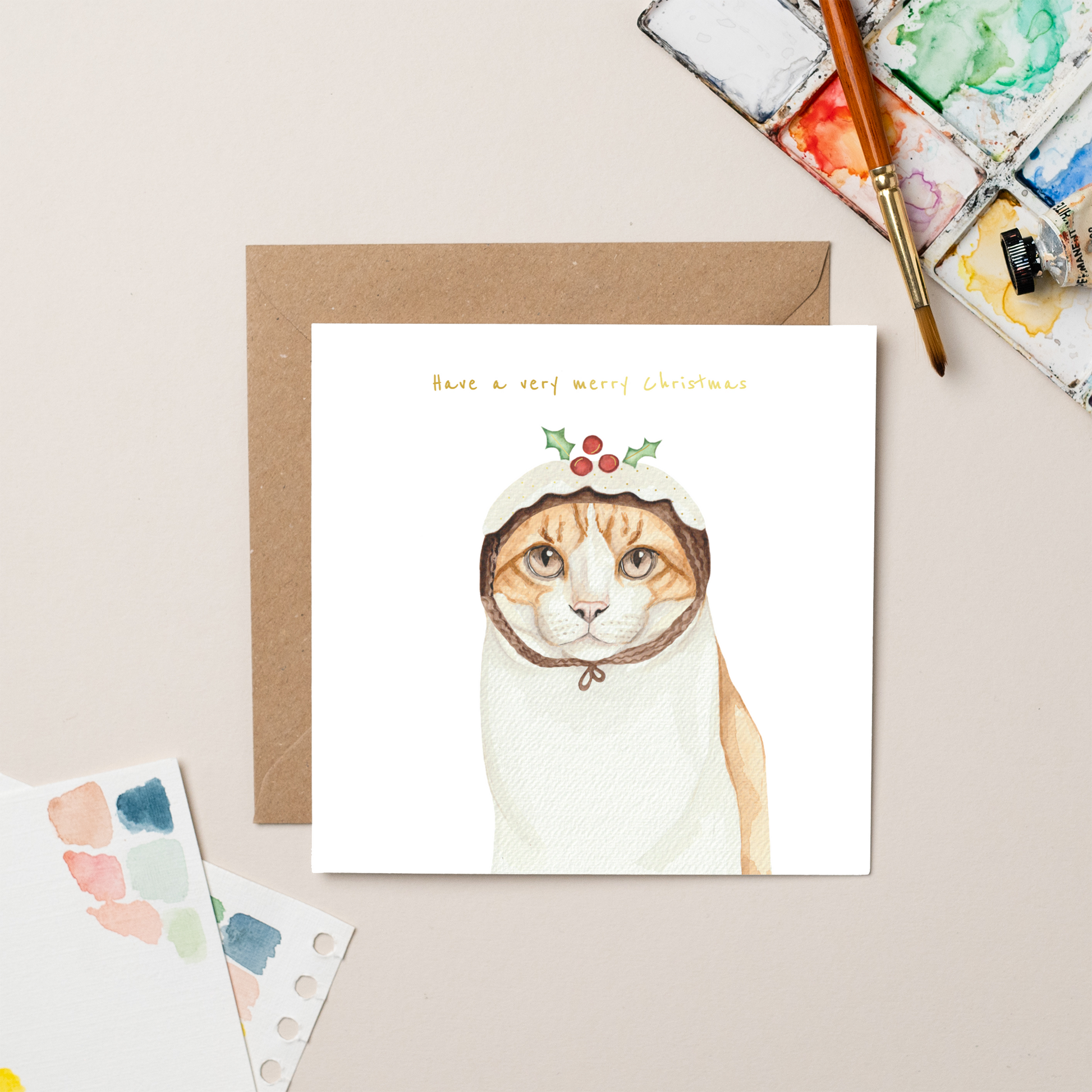 Ginger Cat Christmas Card with Pudding Hat by Lil Wabbit