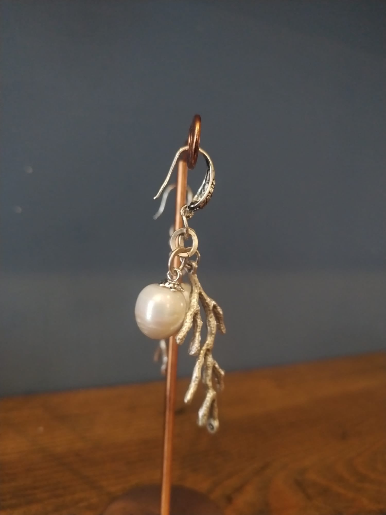 Freshwater Pearl Earrings With Silver Coral Charms