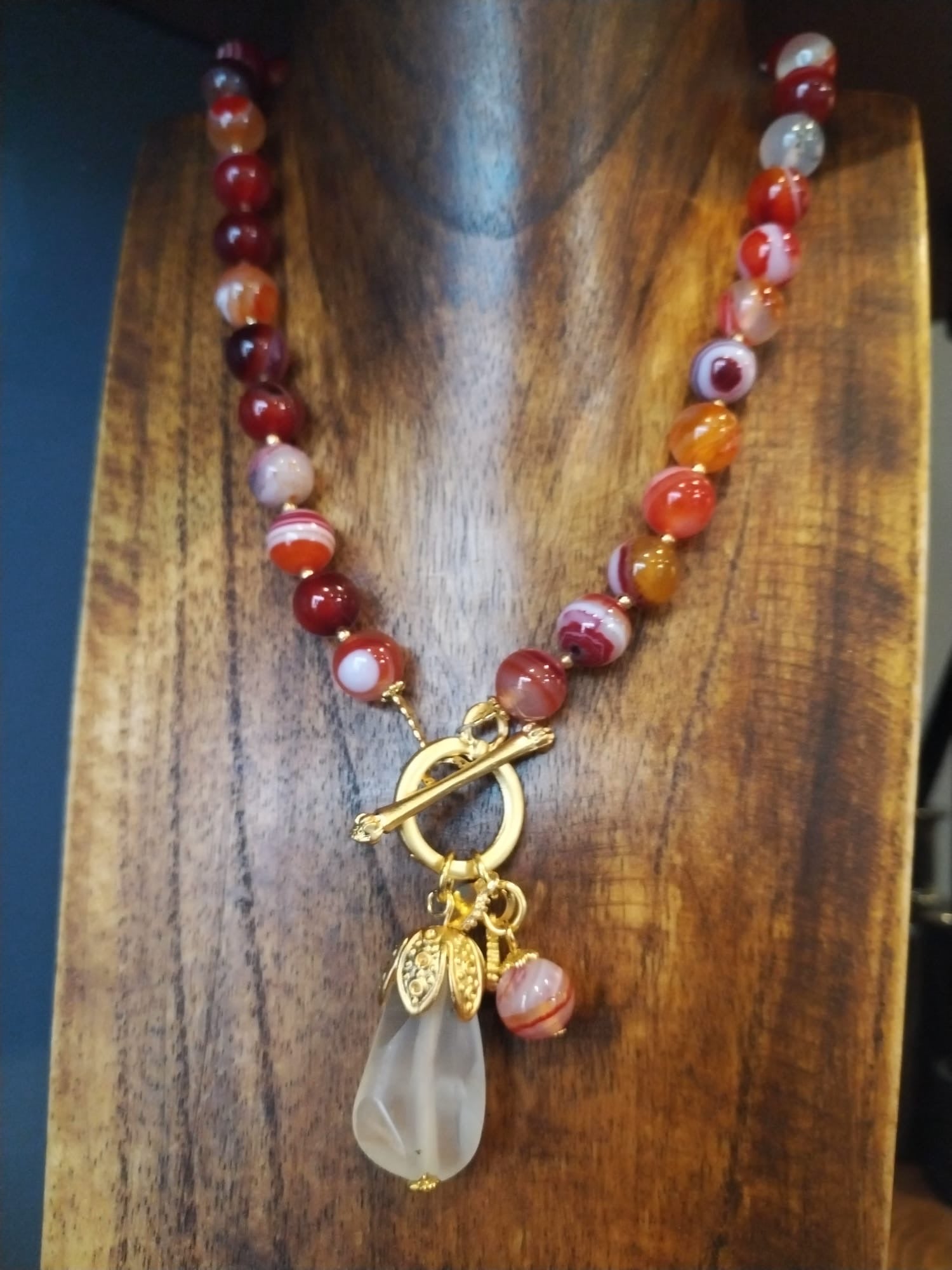 Red Agate Necklace with Quartz Charm and Gold Details 42cm