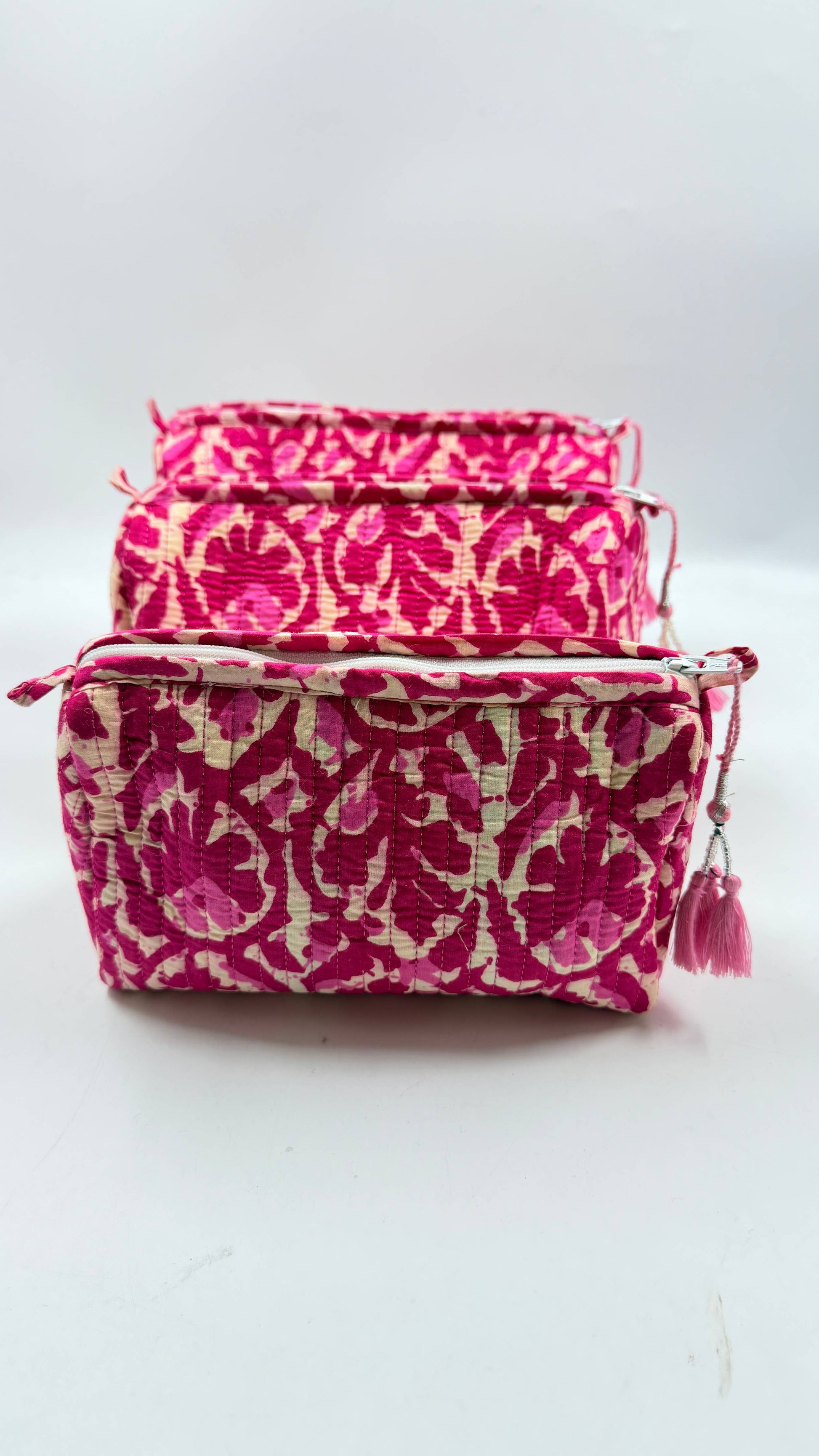 Cerise Pink Cotton Quilted Wash Bags – Set of 3 Makeup & Travel Bags
