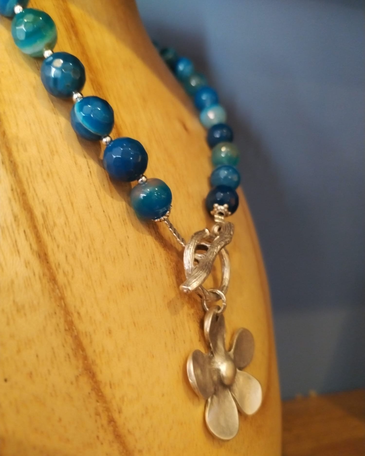 Blue Agate Necklace with Silver Flower Charm