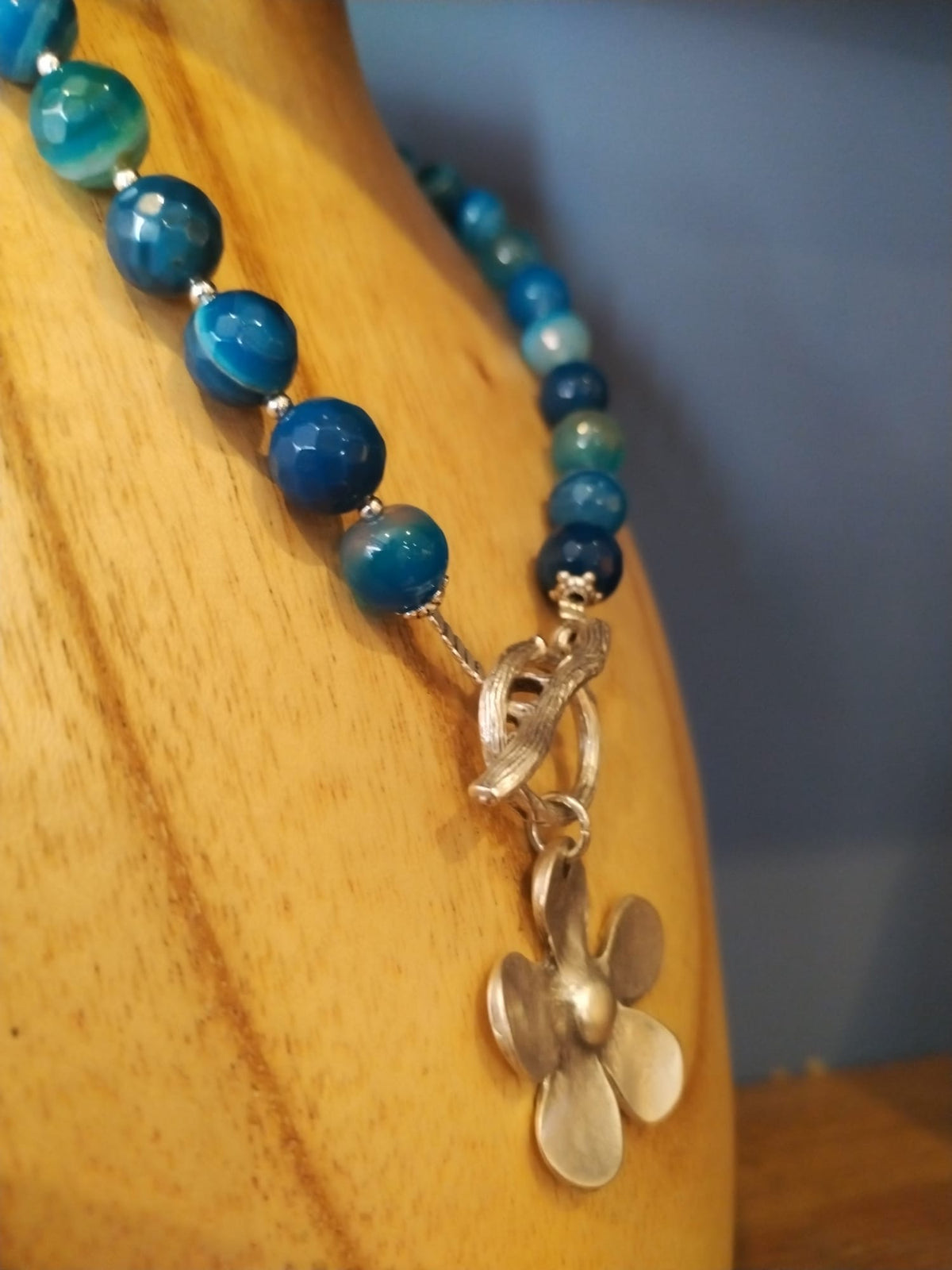 Blue Agate Necklace with Silver Flower Charm