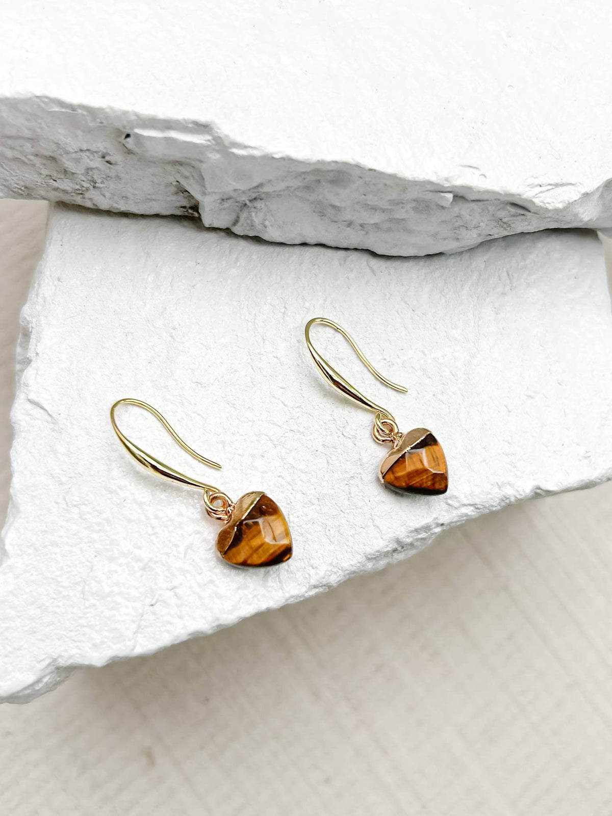 Tiger’s Eye Small Heart Earrings with 18k Gold-Plated Hooks
