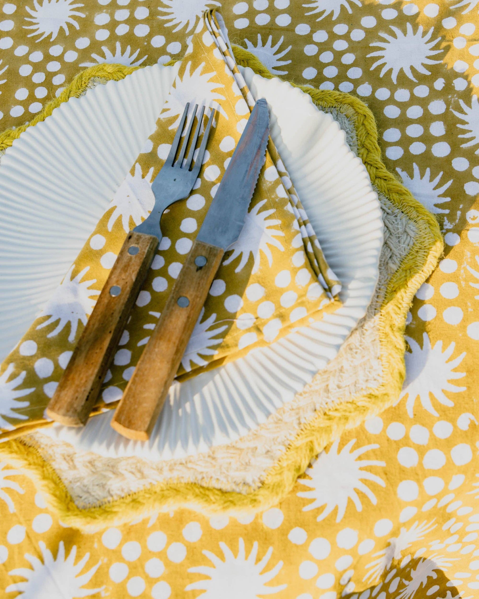 Sunburst Block Print Tablecloth Olive Green Cotton 180 x 280 cm