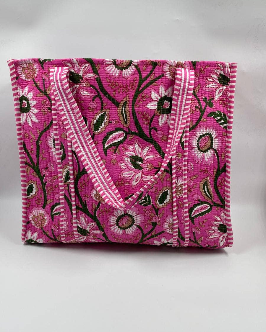Cotton Quilted Pink Floral Tote Bag
