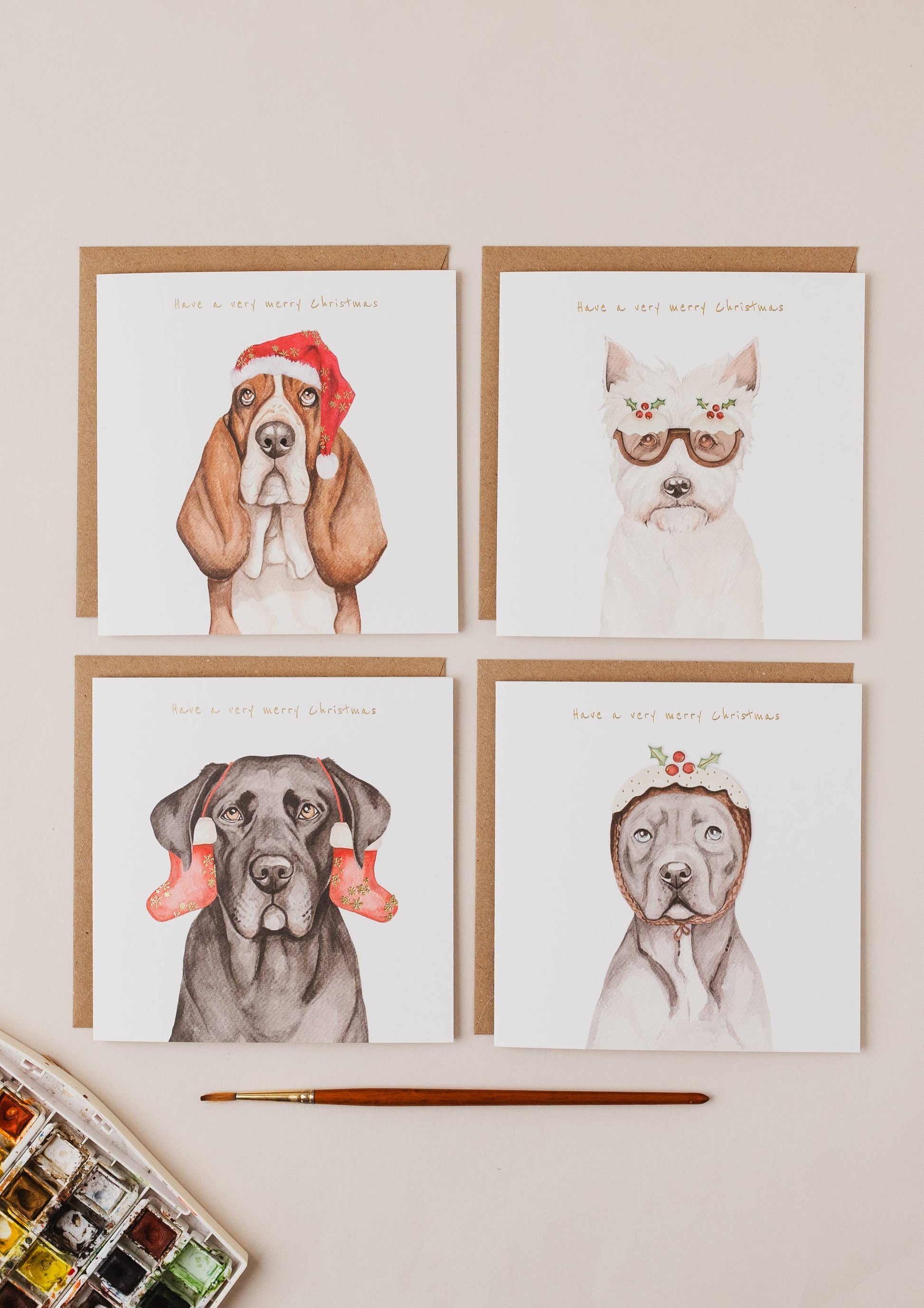 Staffordshire Bull Terrier Christmas Card with Pudding Hat by Lil Wabbit