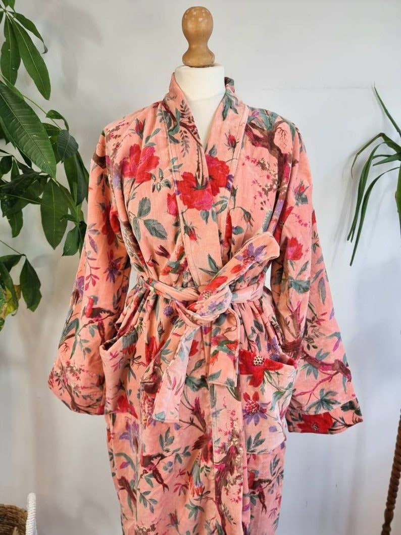 Luxury Velvet Robe - Soft Peach Birds Paradise Exotic Love