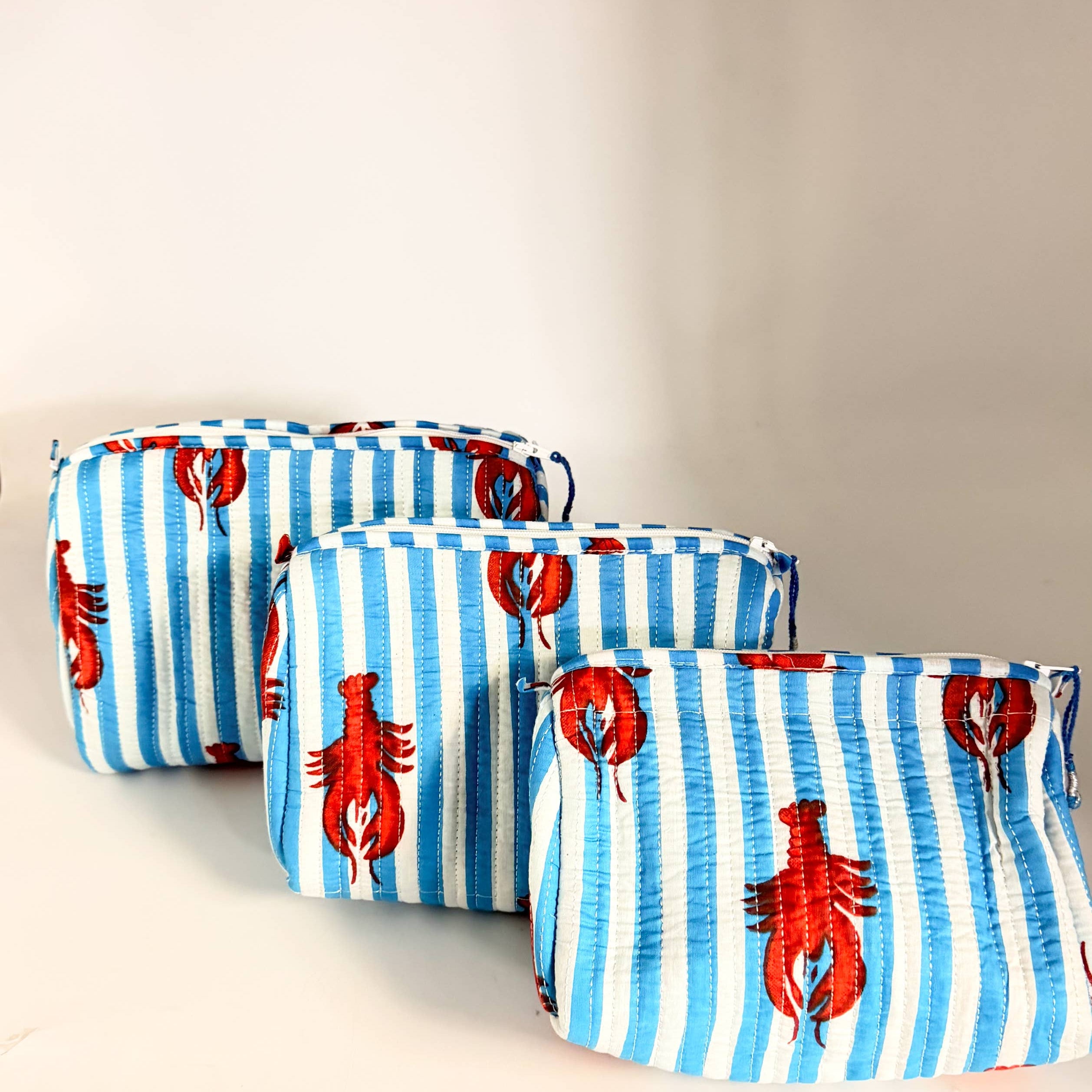 Set of Three Quilted Wash Bags with Blue Stripe Lobster Print