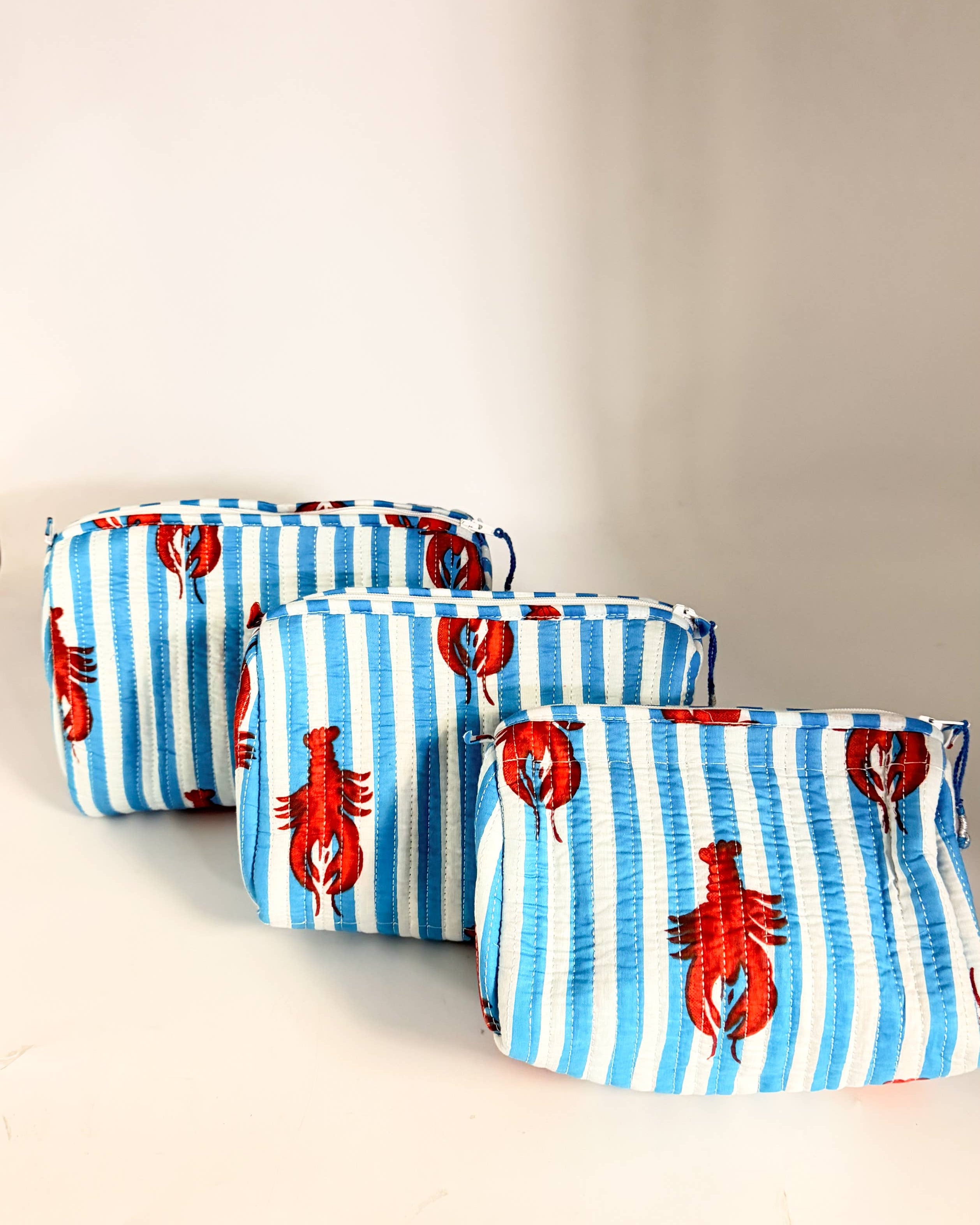 Set of Three Quilted Wash Bags with Blue Stripe Lobster Print