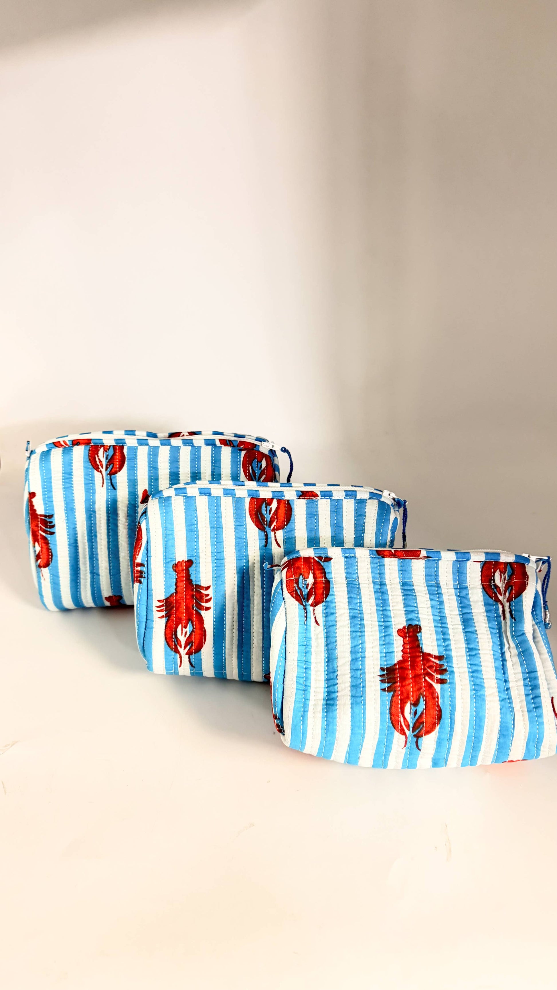 Set of Three Quilted Wash Bags with Blue Stripe Lobster Print