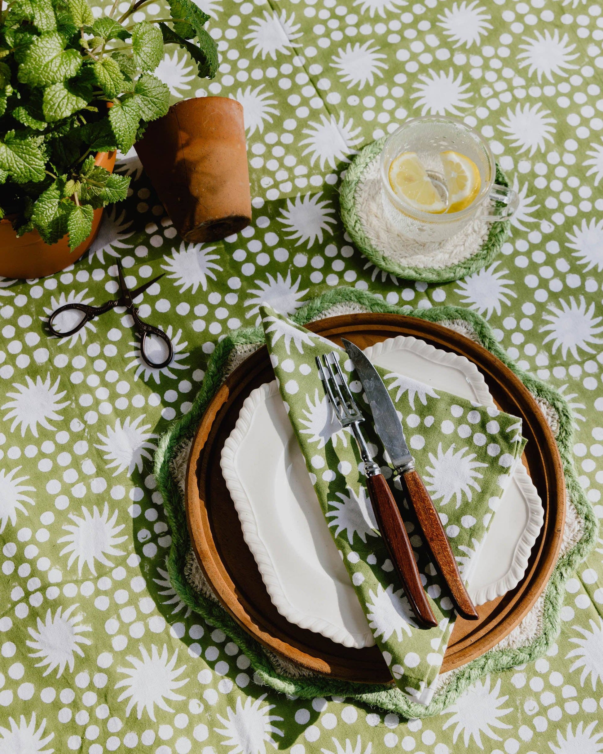 Sunburst Block Print Tablecloth Olive Green Cotton 180 x 280 cm