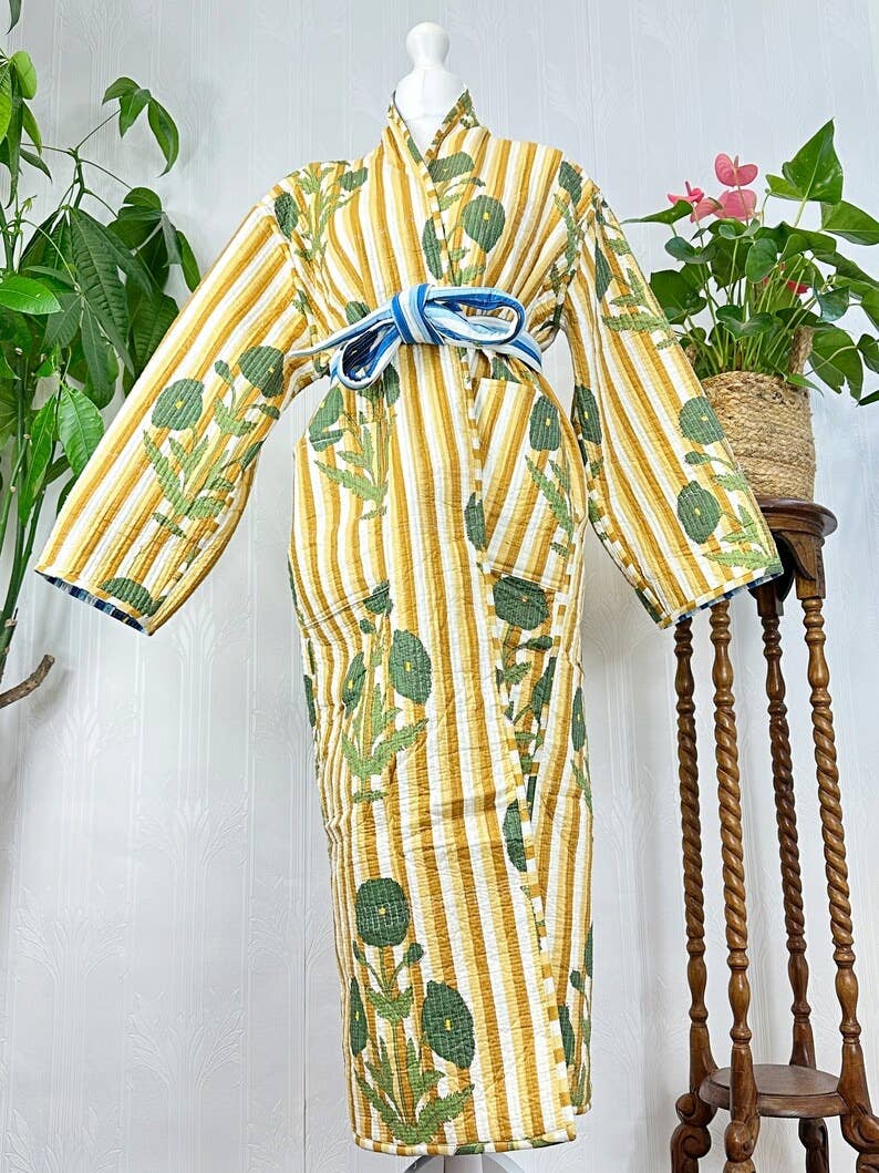Quilted Cotton Reversible blue & yellow  floral Kimono Robe UK 10 16
