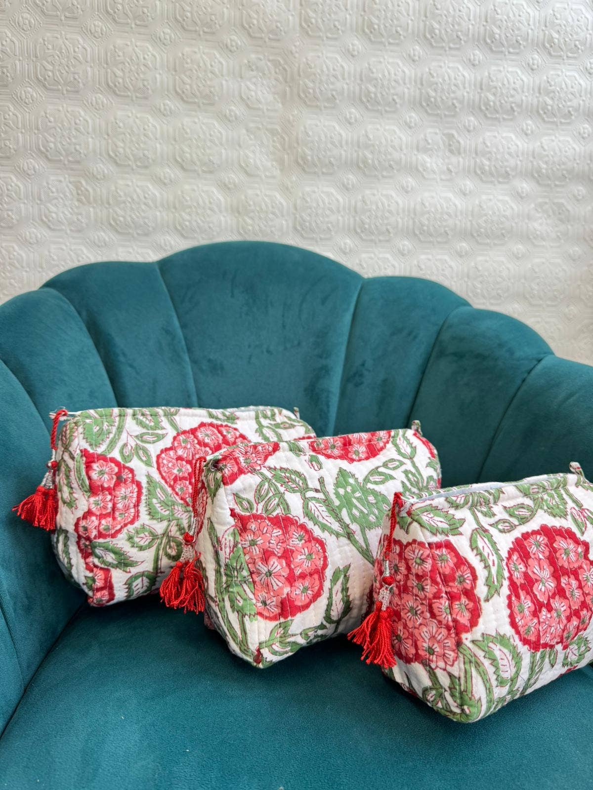 Red Hydrangea Quilted Wash Bag Set of Three