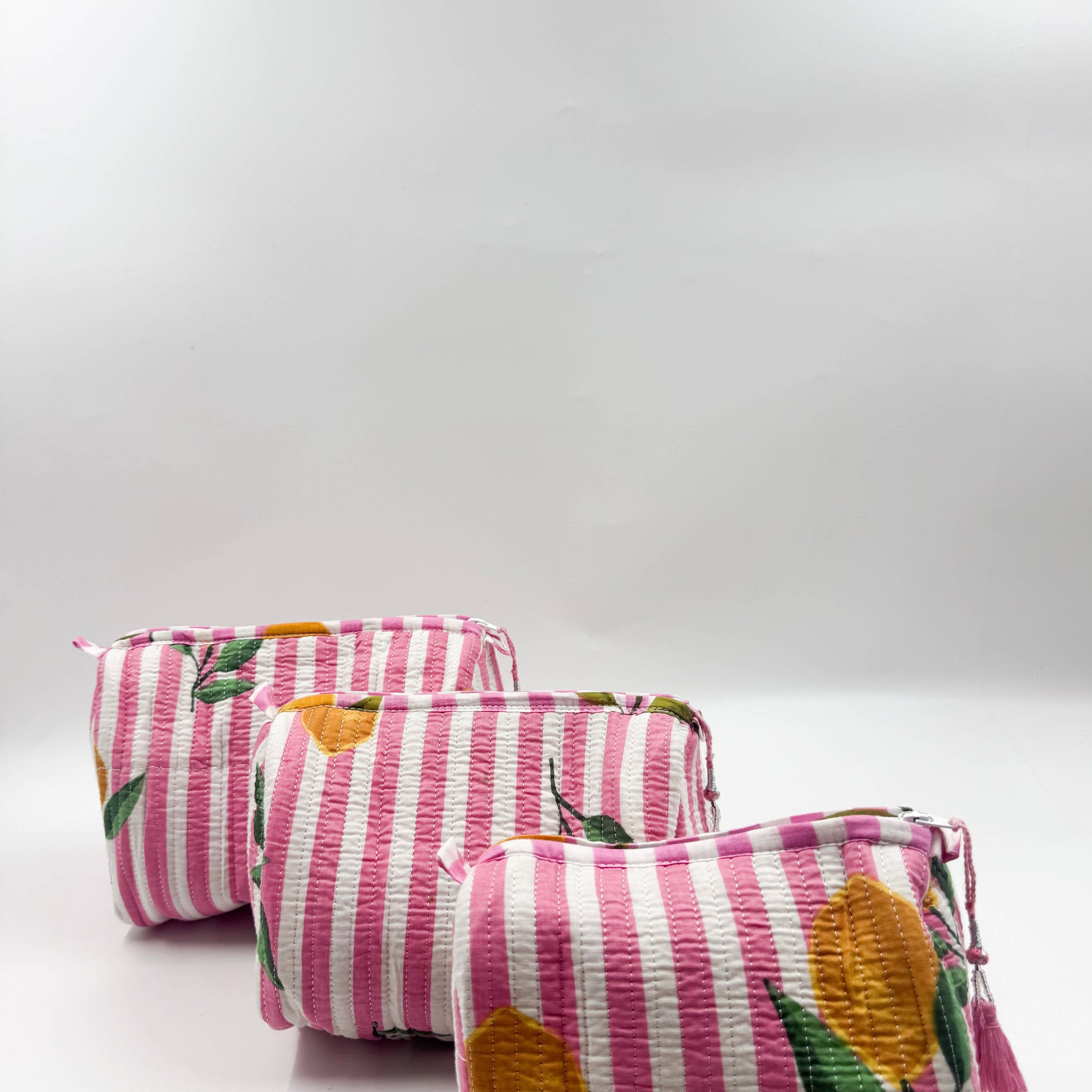 Set of Three Quilted Wash Bags with Pink Stripe and Lemon Print