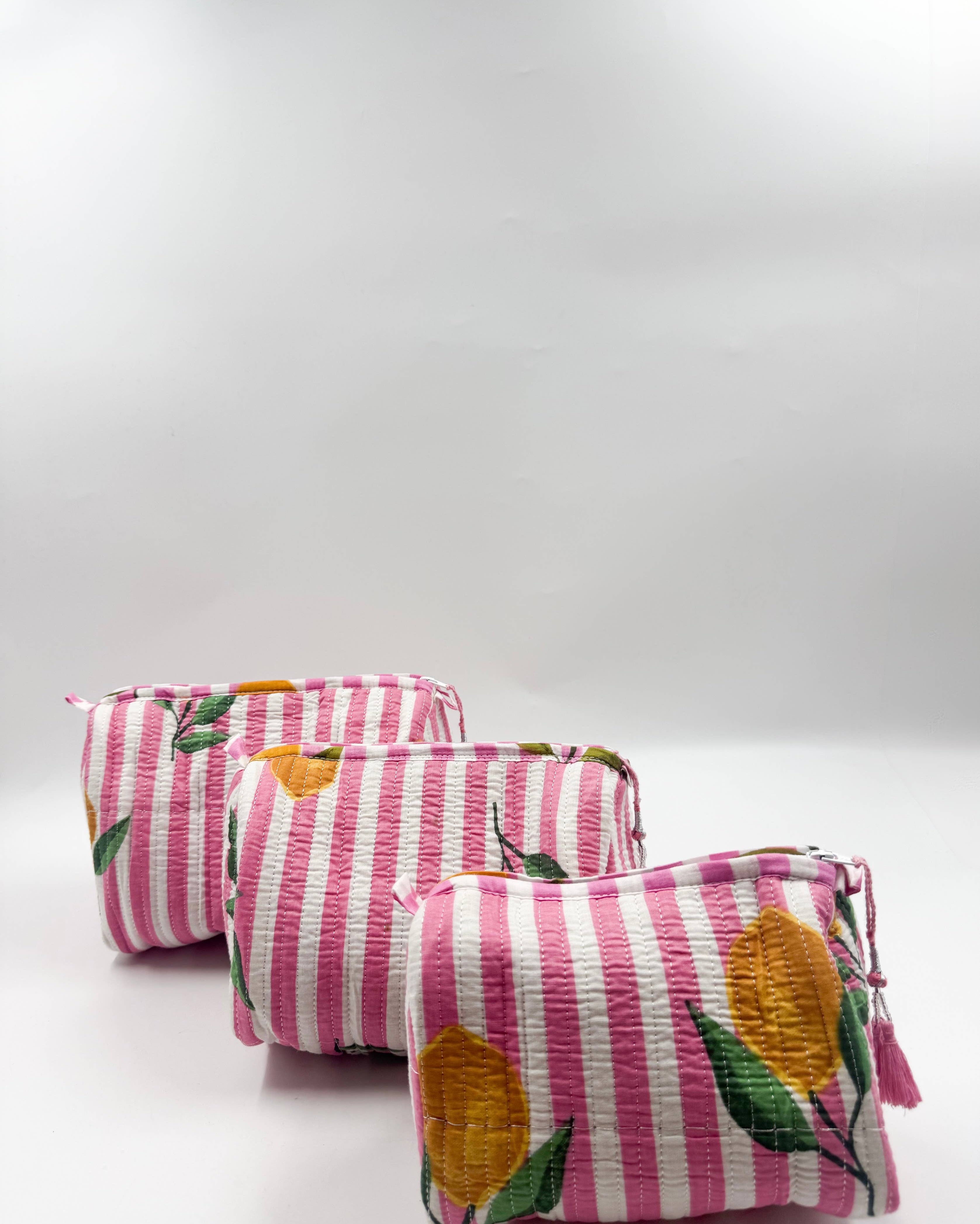 Set of Three Quilted Wash Bags with Pink Stripe and Lemon Print