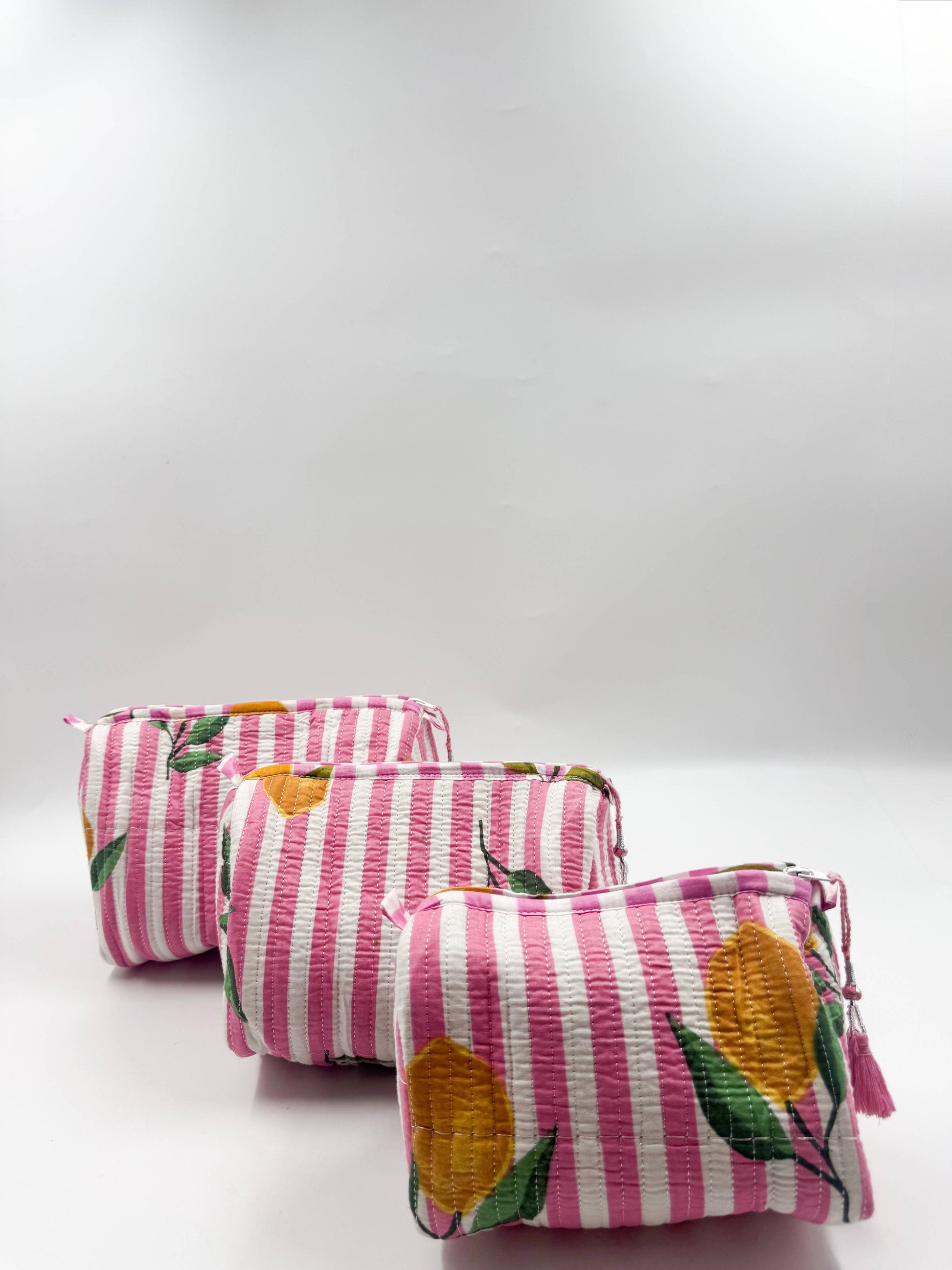 Set of Three Quilted Wash Bags with Pink Stripe and Lemon Print