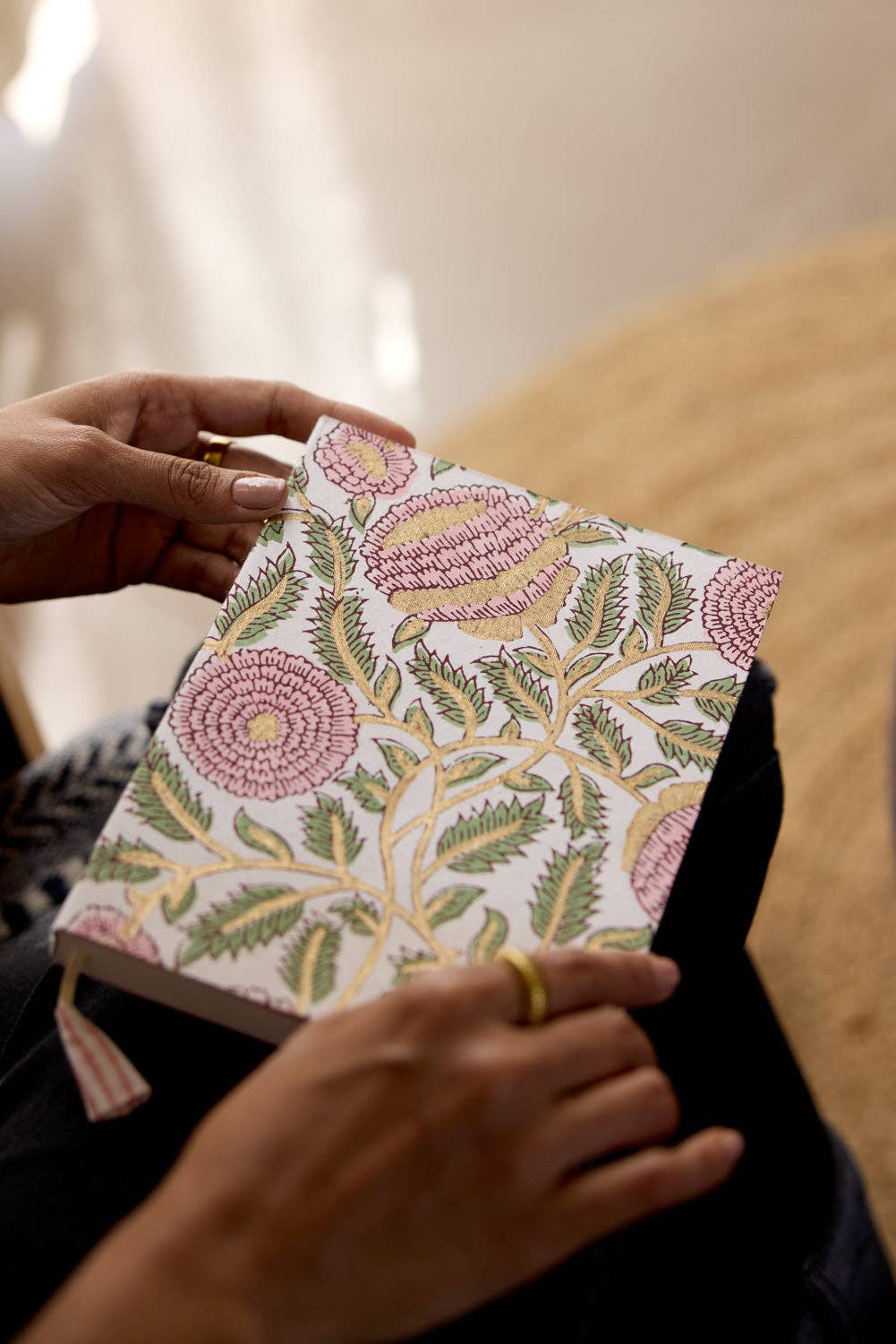 Hand Block Printed Ruled Notebook A5 – Marigold Glitz Blush