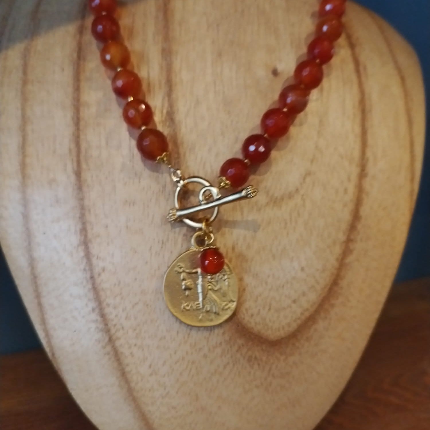 Carnelian Necklace with Gold Roman Coin Charm