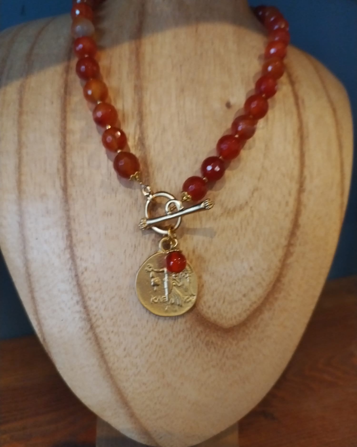 Carnelian Necklace with Gold Roman Coin Charm