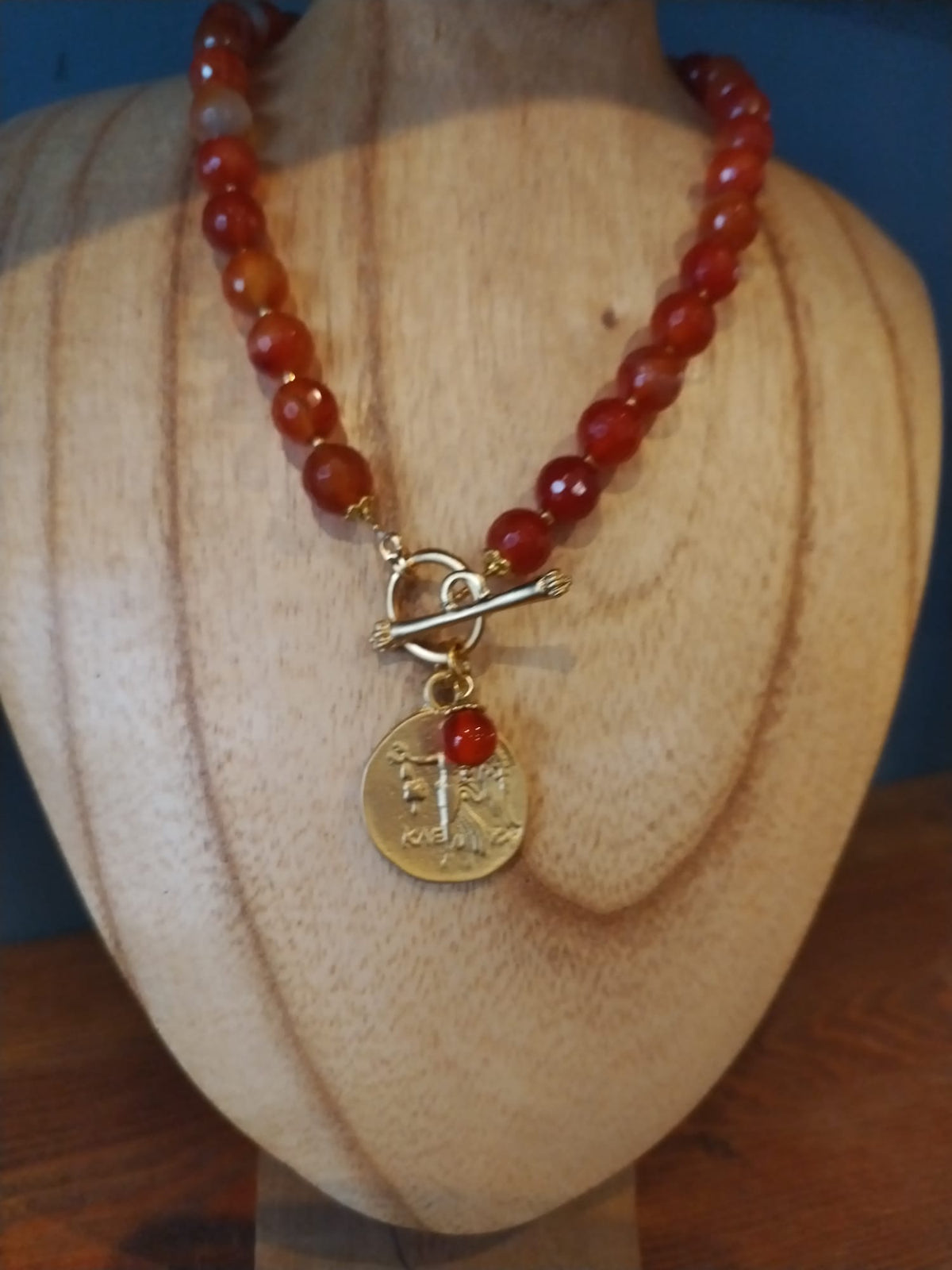 Carnelian Necklace with Gold Roman Coin Charm