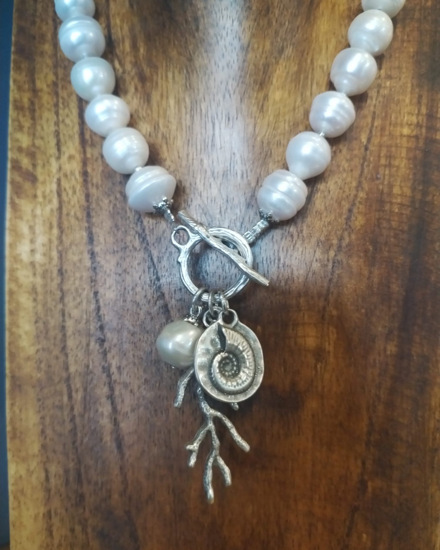 Freshwater Pearl Necklace With Silver Coral and Ammonite Charm