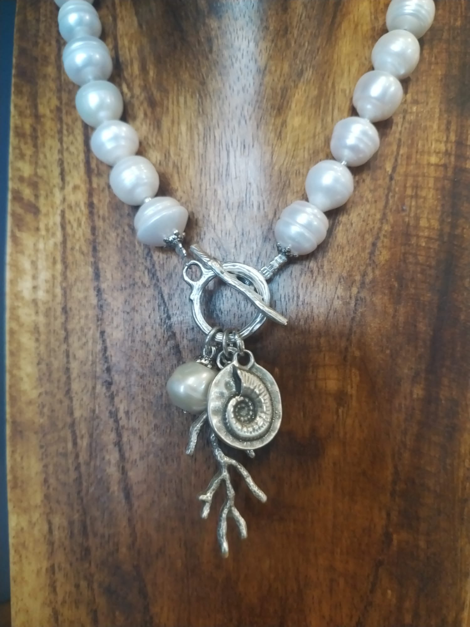 Freshwater Pearl Necklace With Silver Coral and Ammonite Charm
