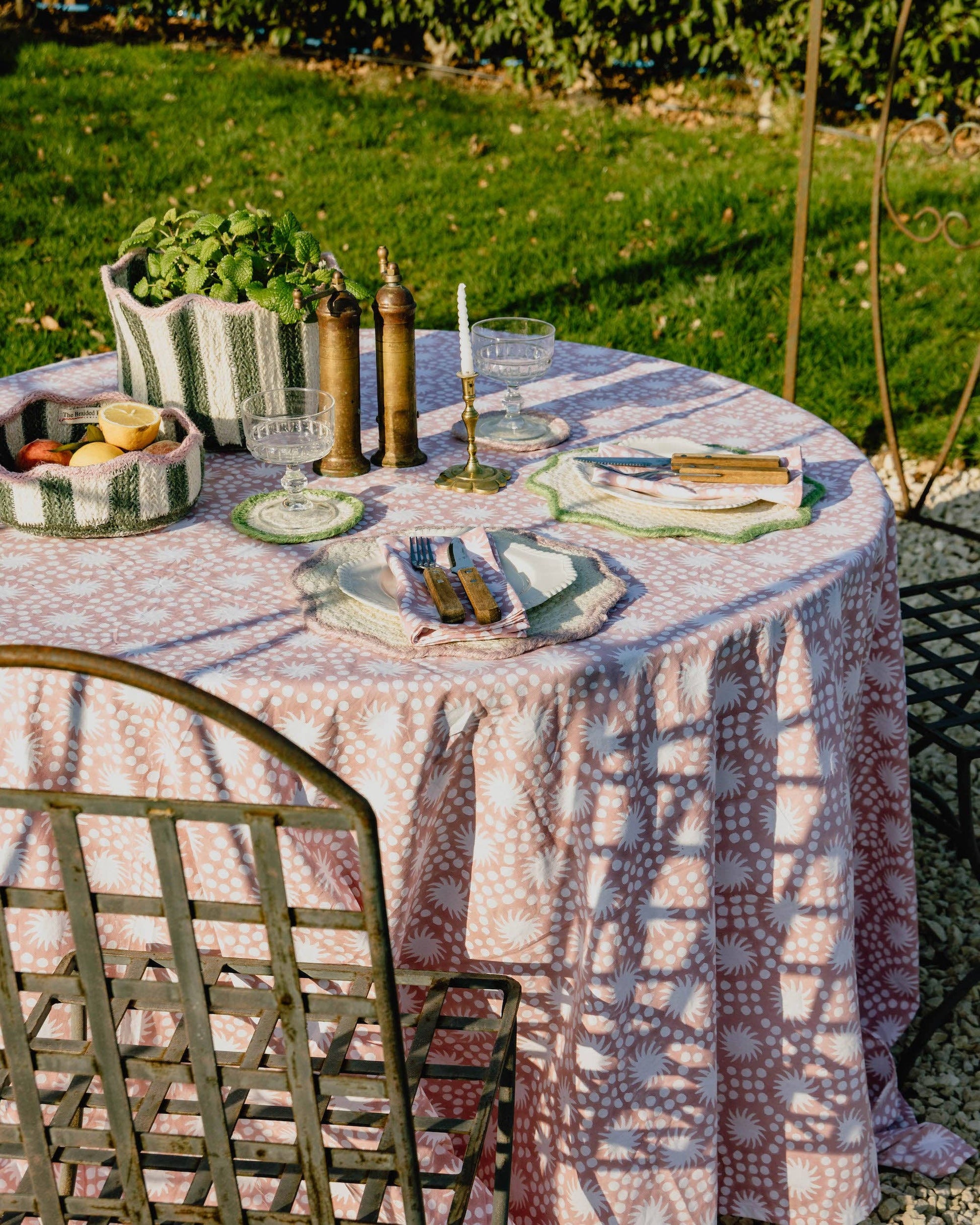 Sunburst Block Print Tablecloth Olive Green Cotton 180 x 280 cm