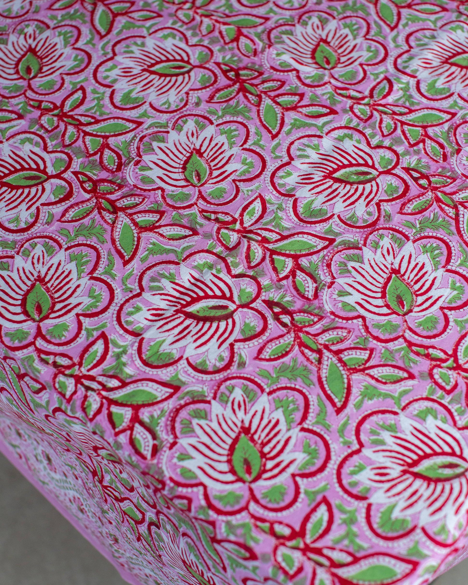 Pink Floral Potterne Hand Block Printed Cotton Tablecloth 150 x 220 cm