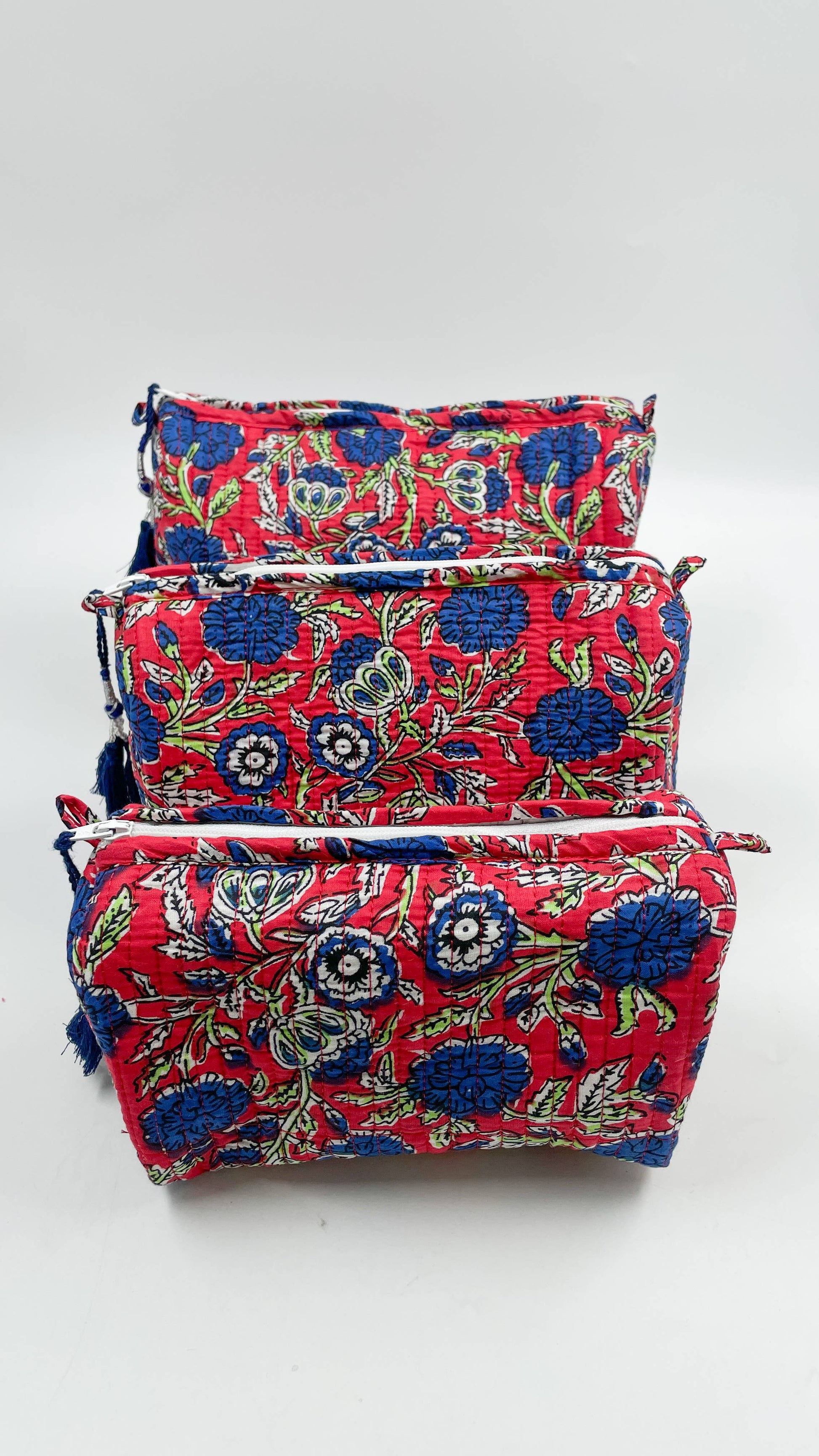 Red & Deep Blue Floral Quilted Wash / Makeup Bag Set (Set of 3)