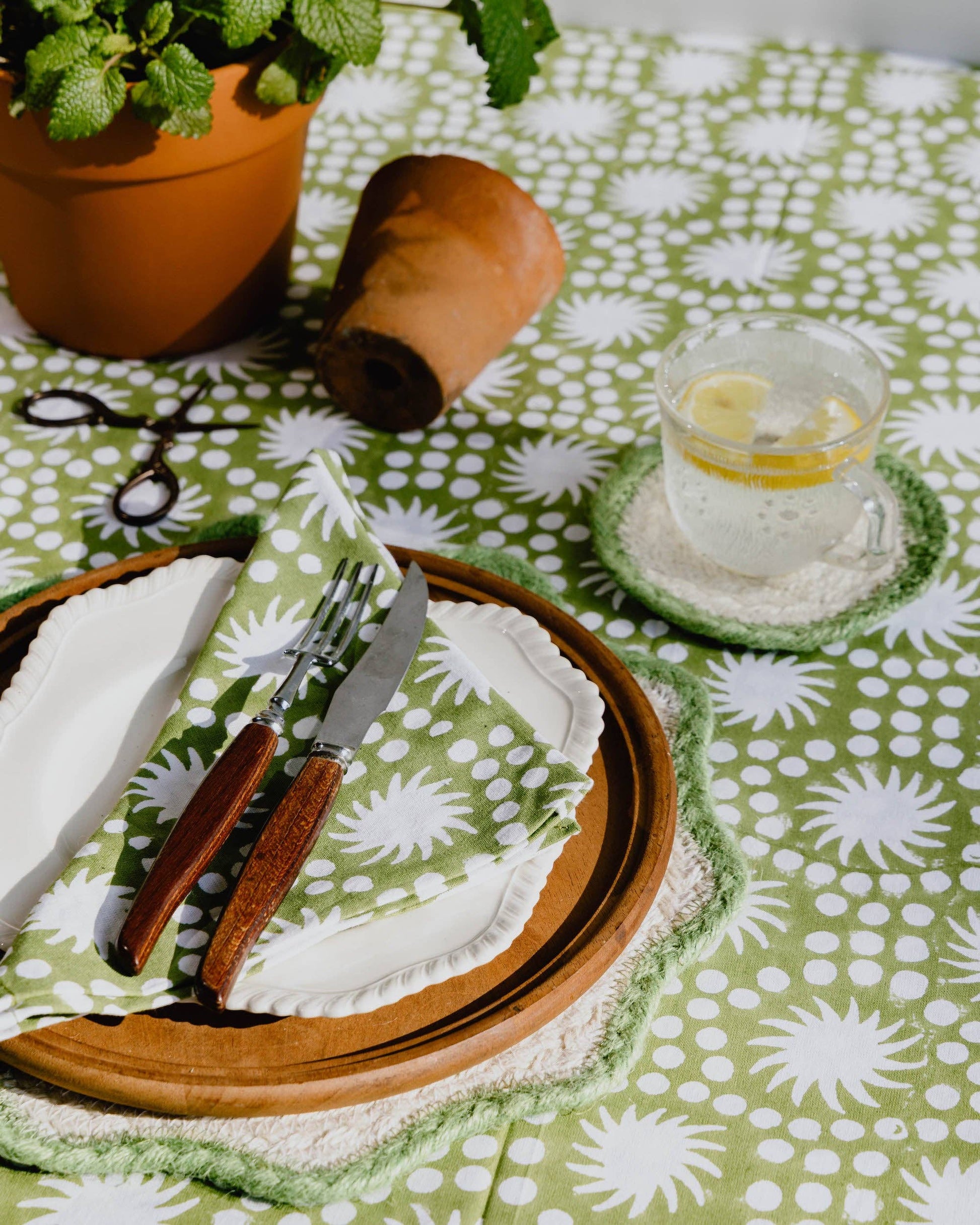 Sunburst Block Print Tablecloth Olive Green Cotton 180 x 280 cm